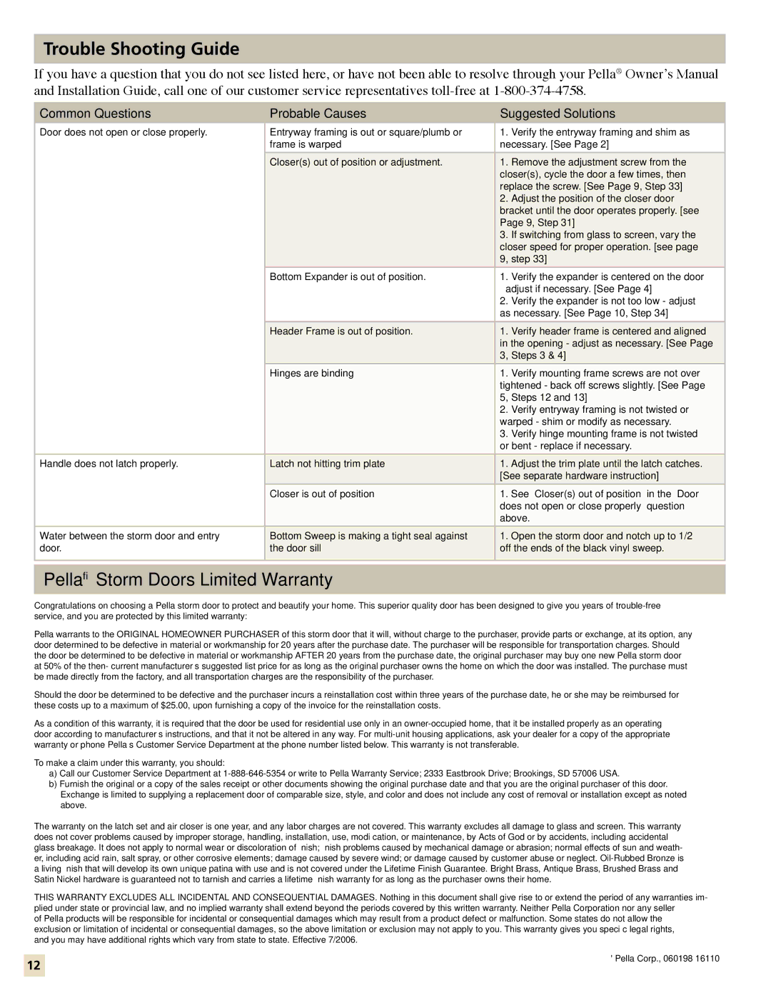 Pella 35123 installation manual Trouble Shooting Guide, Common Questions Probable Causes Suggested Solutions 