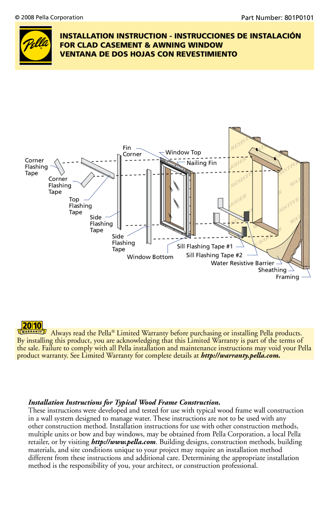 Pella installation instructions Part Number 801P0101 