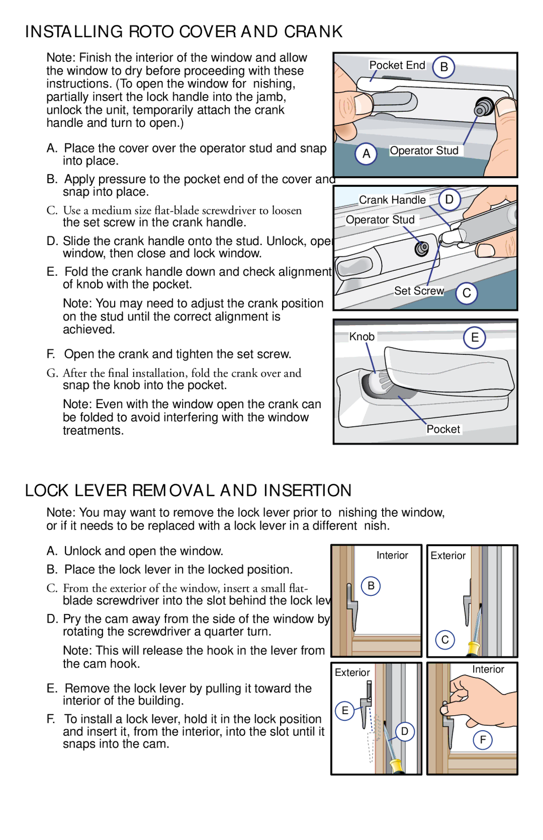 Pella 801P0101 Installing Roto Cover and Crank, Lock Lever Removal and Insertion, Snap the knob into the pocket 