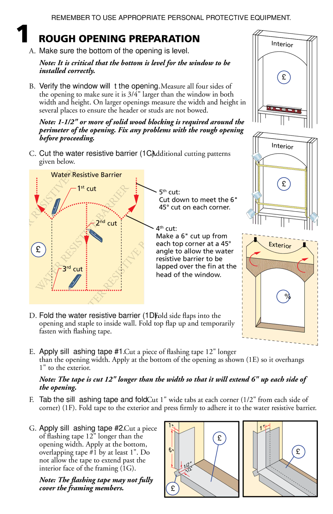 Pella 801U0102 installation instructions Rough Opening Preparation, SeDvu,  Apply sill ﬂashing tape #2. Cut a piece 