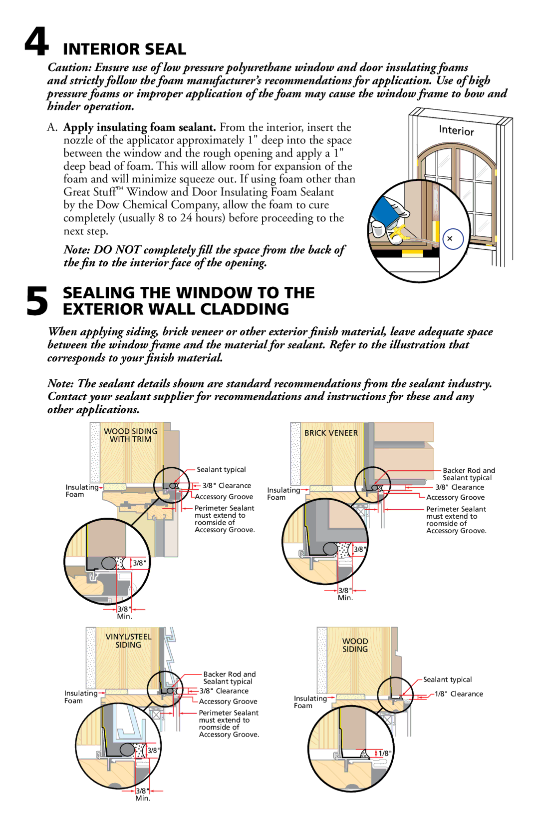 Pella 801U0102 installation instructions Interior Seal, Sealing the Window to the Exterior Wall Cladding 