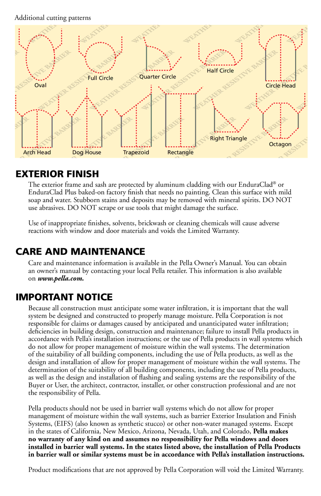 Pella 801U0102 Exterior Finish, Care and Maintenance Important Notice, Additional cutting patterns 