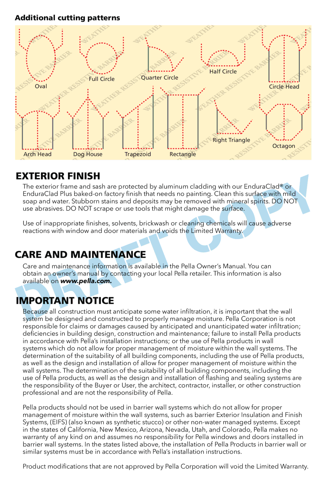 Pella 801U0103 installation instructions Exterior Finish, Care and Maintenance Important Notice 