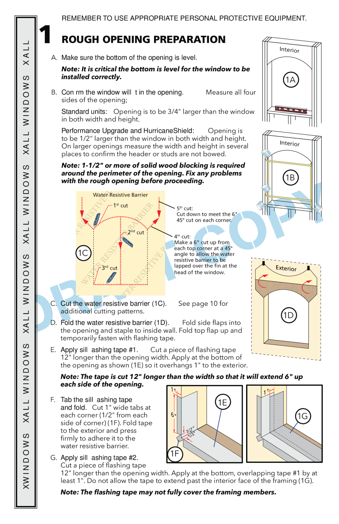 Pella 801U0103 installation instructions Rough Opening Preparation, 1B £, 1E £, 1G £ 