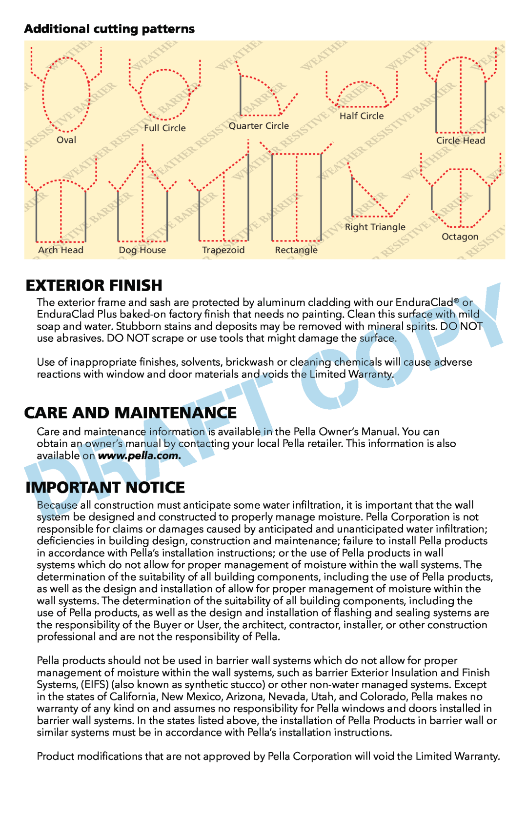 Pella 801U0103 Exterior Finish, Care And Maintenance, Important Notice, Additional cutting patterns 