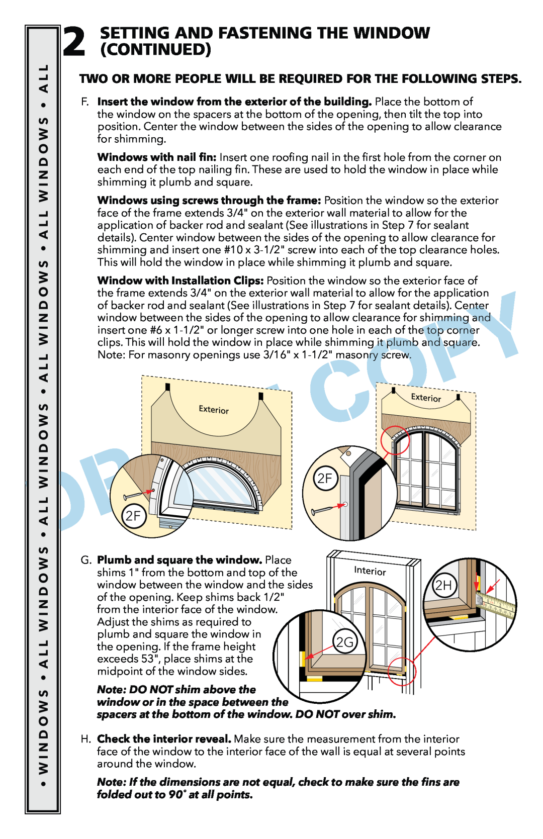Pella 801U0103 installation instructions Setting And Fastening The Window Continued, 2FE 2F2E 
