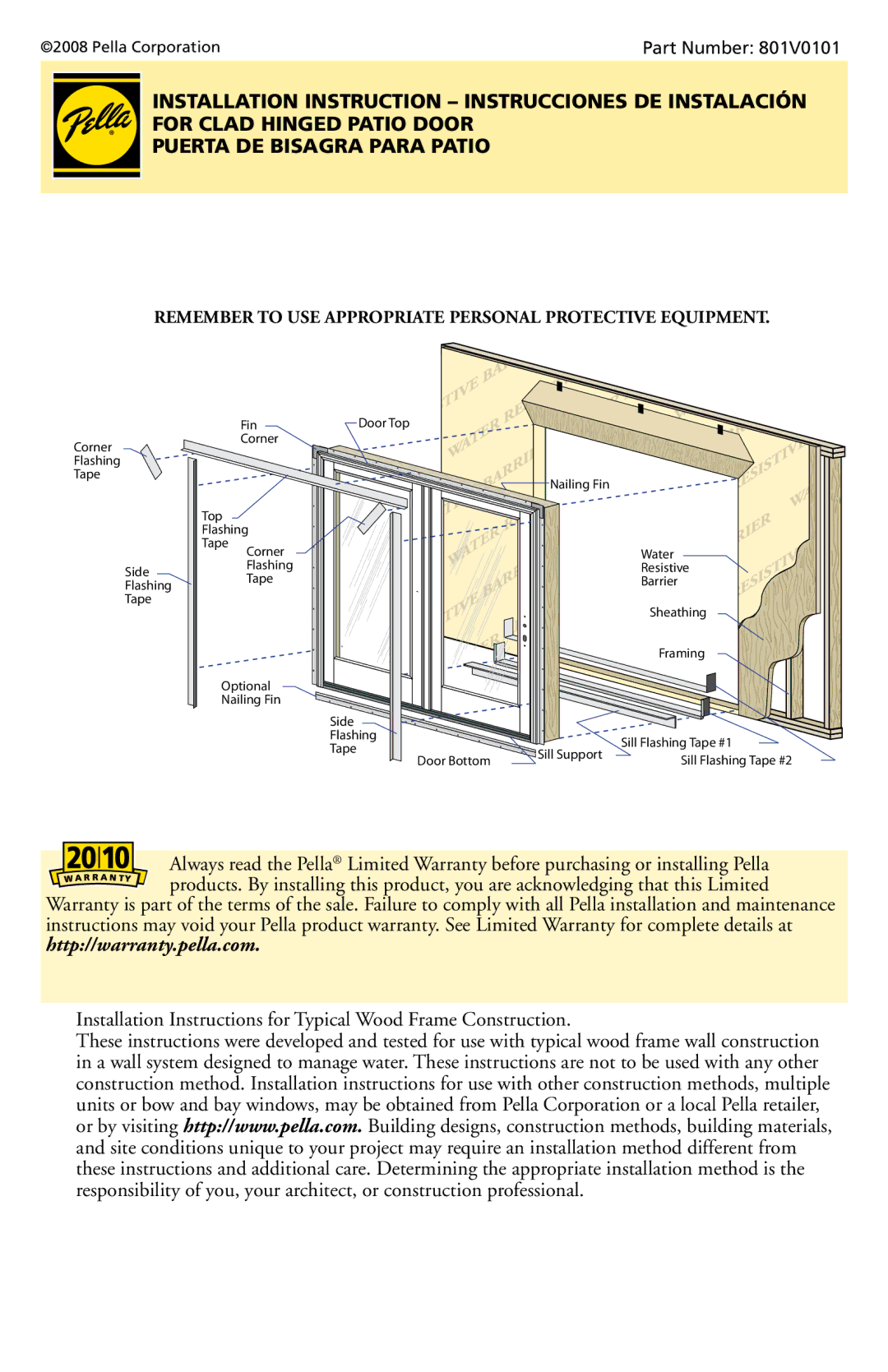 Pella 801V0101 installation instructions Remember to USE Appropriate Personal Protective Equipment 