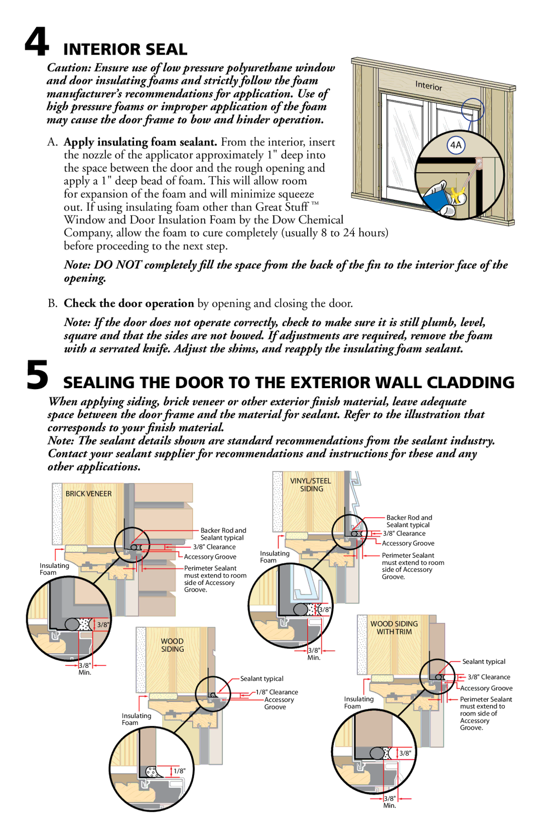 Pella 801V0101 installation instructions Interior Seal, Sealing the Door to the Exterior Wall Cladding 