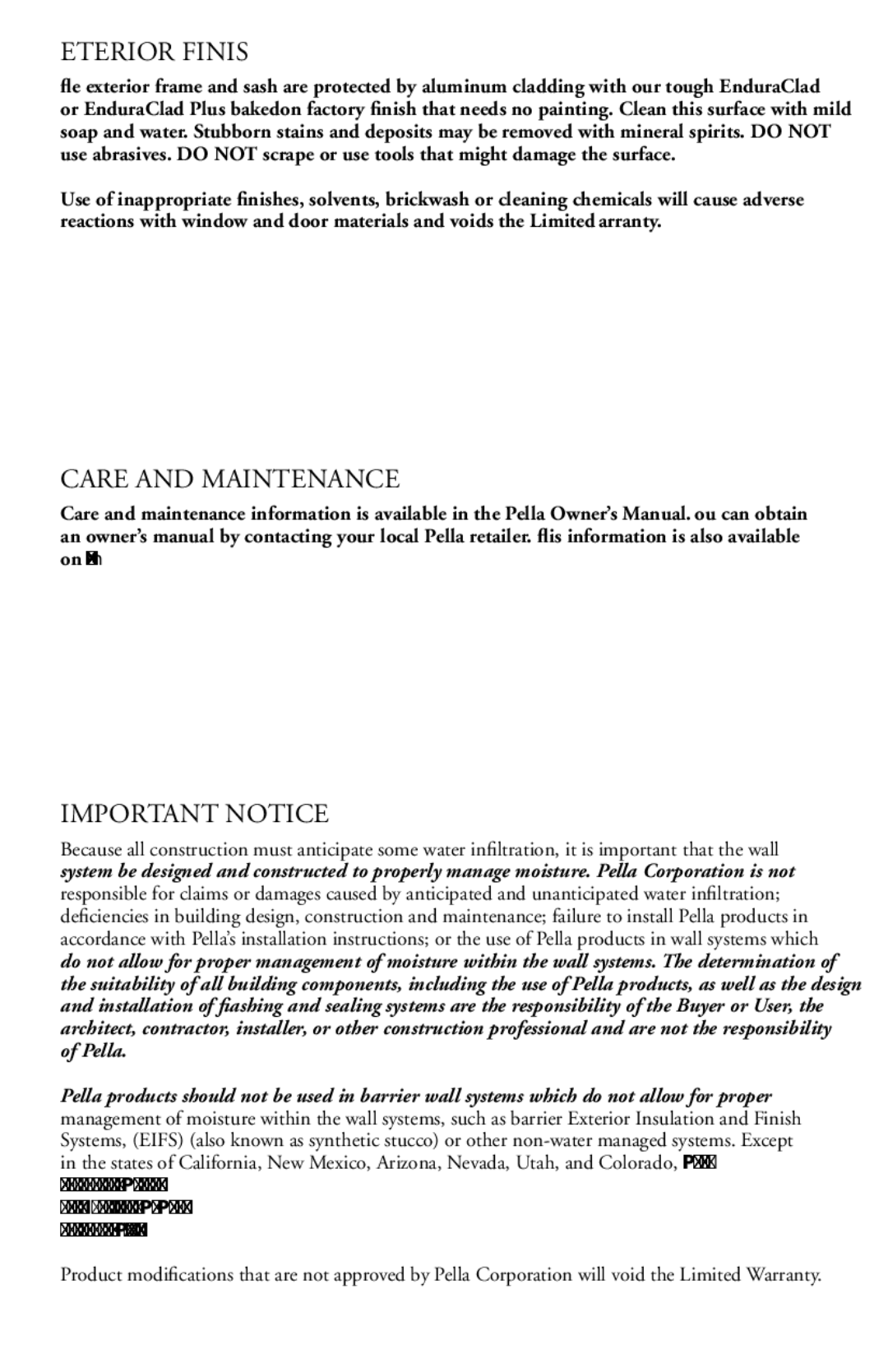 Pella 801V0101 installation instructions Exterior Finish, Care and Maintenance Important Notice, Pella 