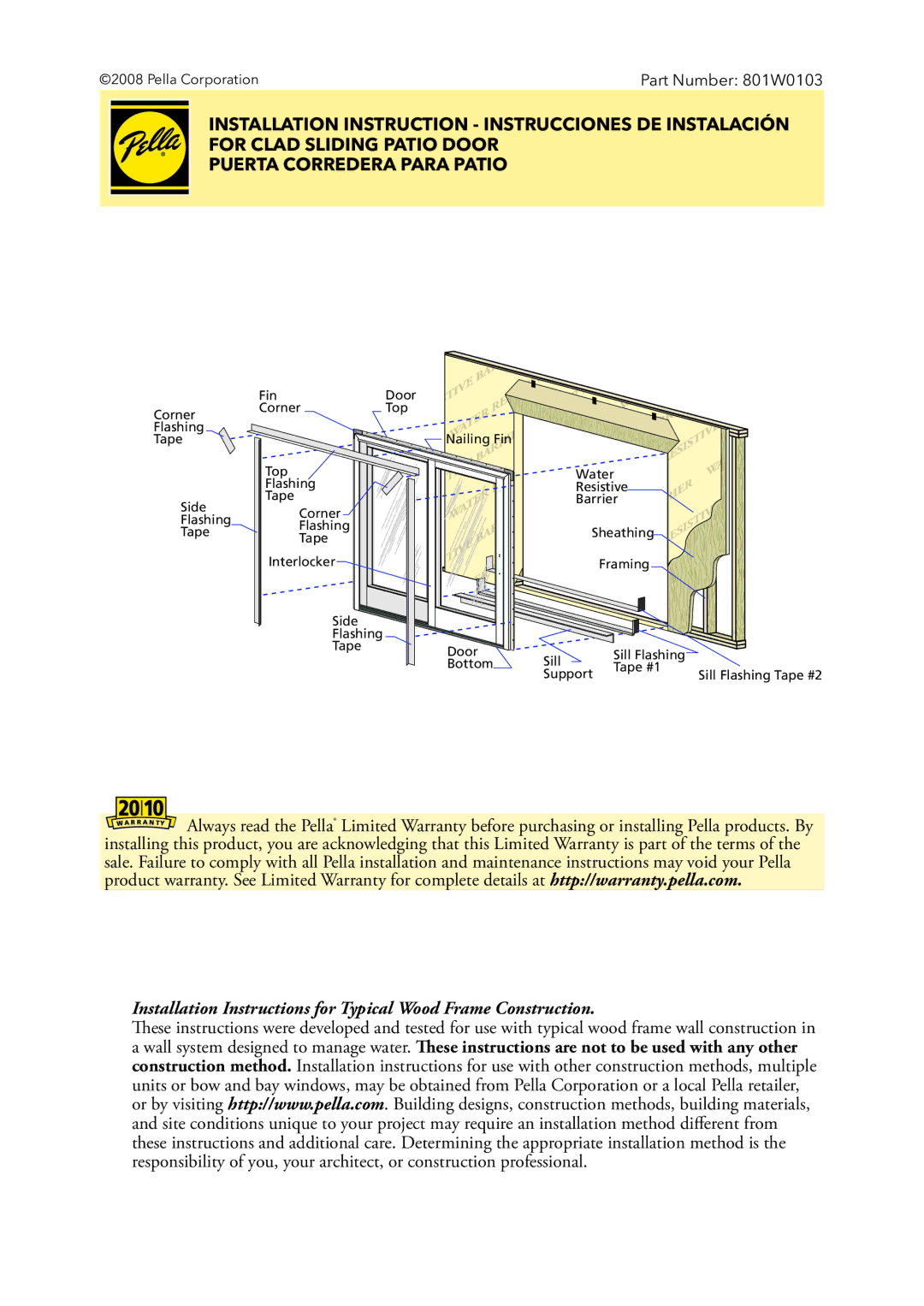 Pella installation instructions Part Number 801W0103 