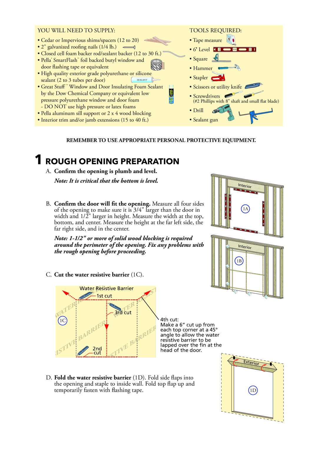 Pella 801W0103 installation instructions Rough Opening Preparation, Cut the water resistive barrier 1C 