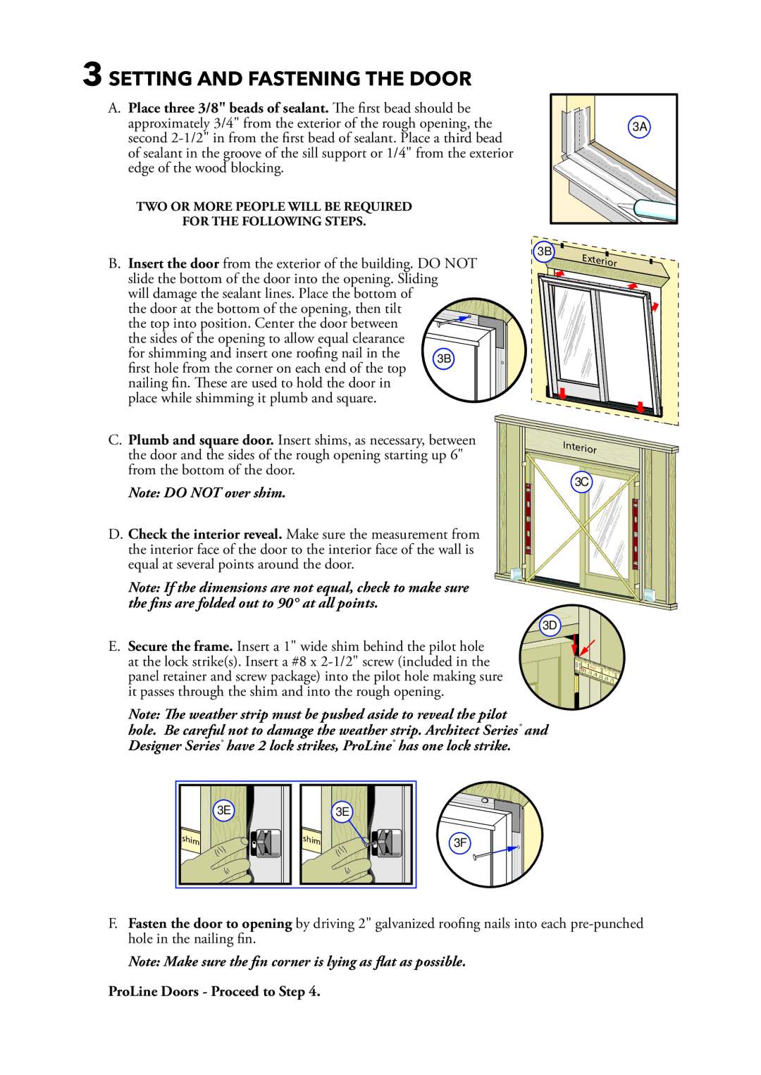 Pella 801W0103 installation instructions Setting and Fastening the Door, ProLine Doors Proceed to Step 