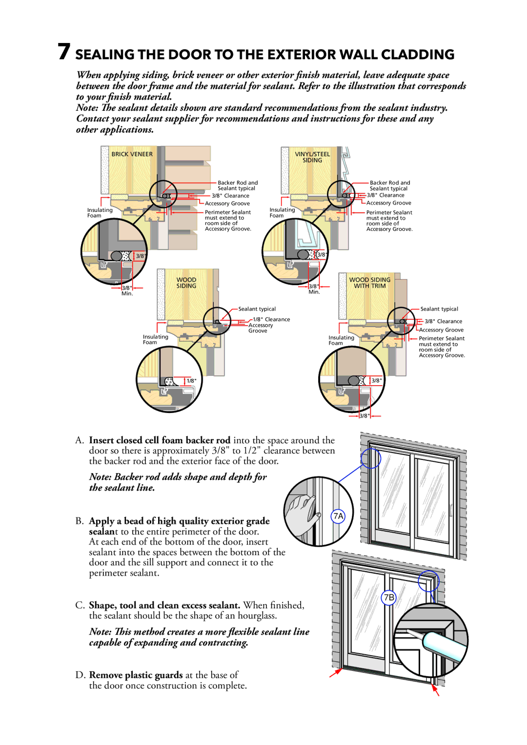 Pella 801W0103 Sealing the Door to the Exterior Wall Cladding, Insert closed cell foam backer rod into the space around 