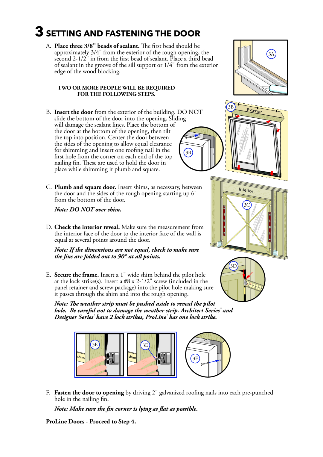 Pella 801W0103 installation instructions Setting And Fastening The Door 
