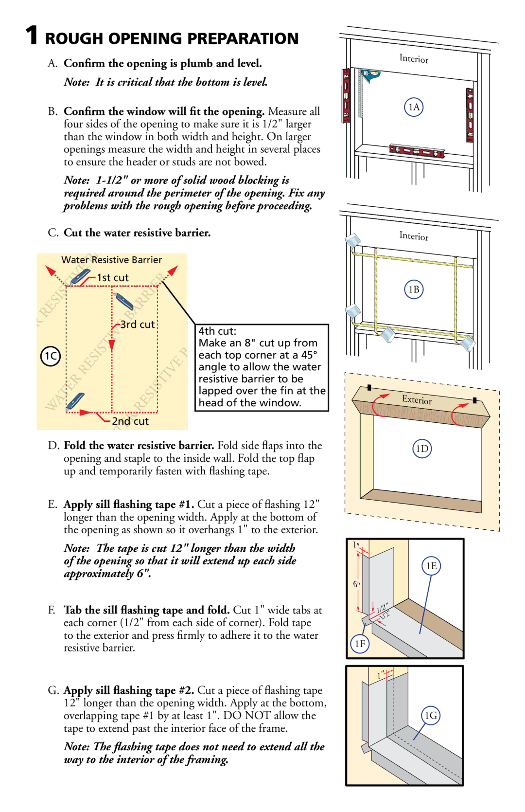 Pella 802Q0101 installation instructions Rough Opening Preparation, Cut the water resistive barrier 