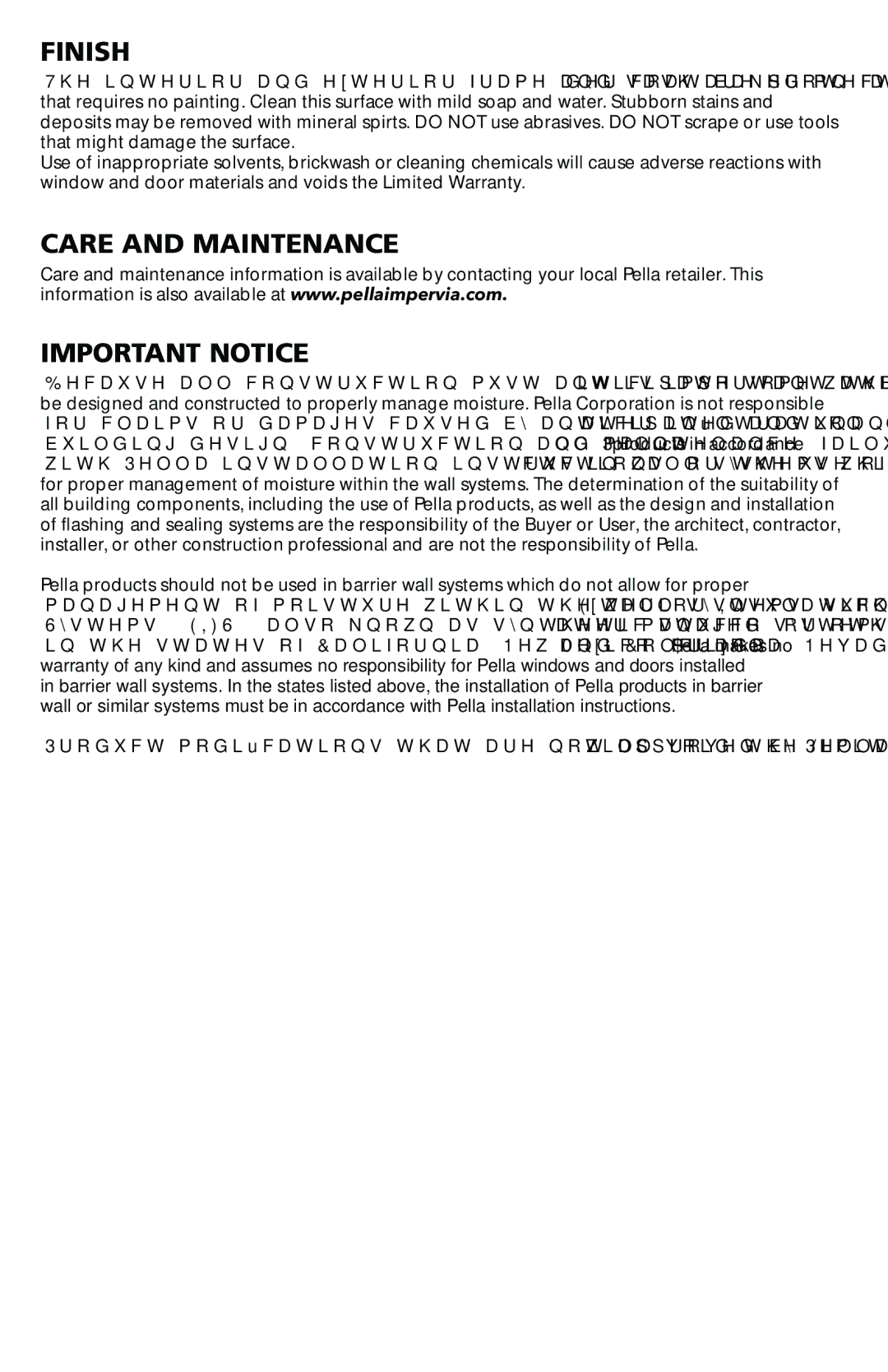 Pella 802Q0102 installation instructions Finish, Care and Maintenance Important Notice 