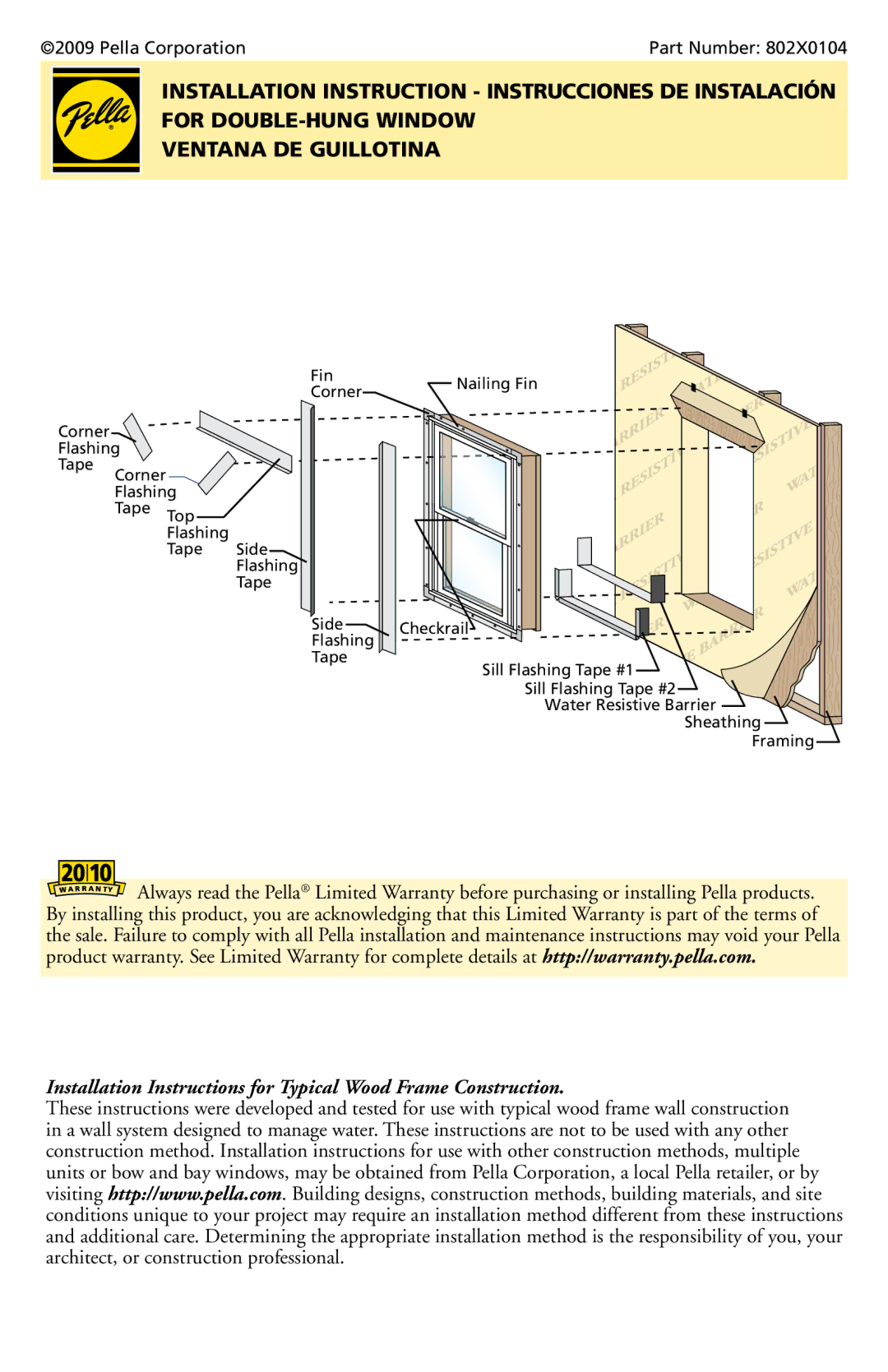 Pella 802X0104 installation instructions Pella Corporation Part Number 