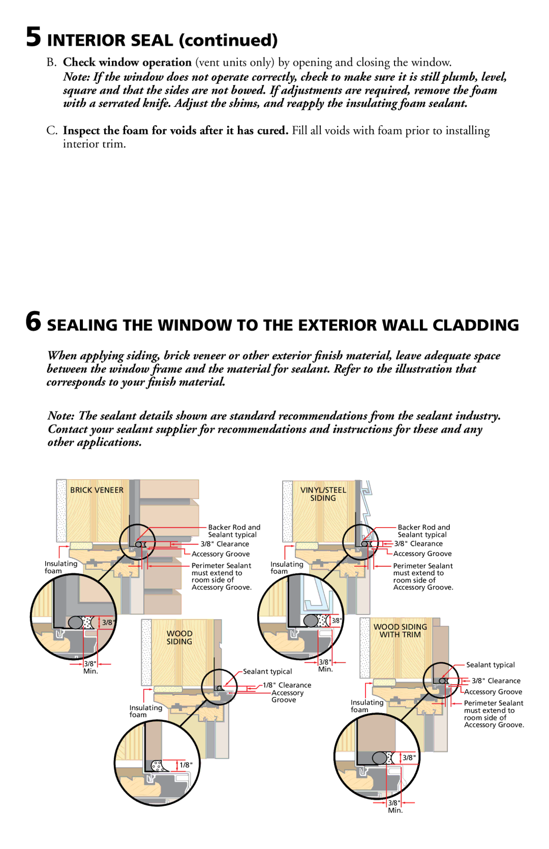 Pella 802X0104 installation instructions Interior Seal, Sealing the Window to the Exterior Wall Cladding 