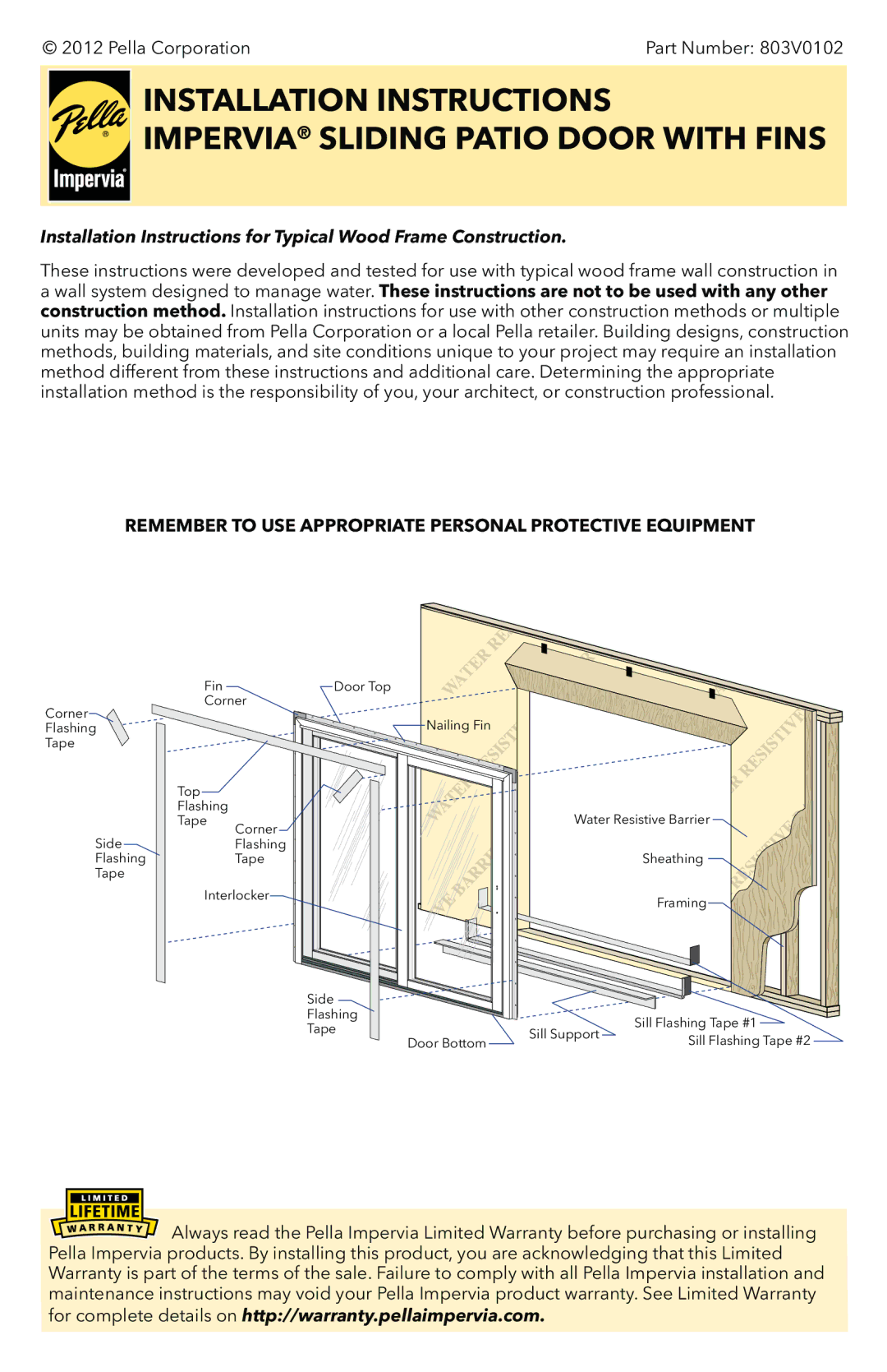 Pella 803V0102 installation instructions Remember to USE Appropriate Personal Protective Equipment 