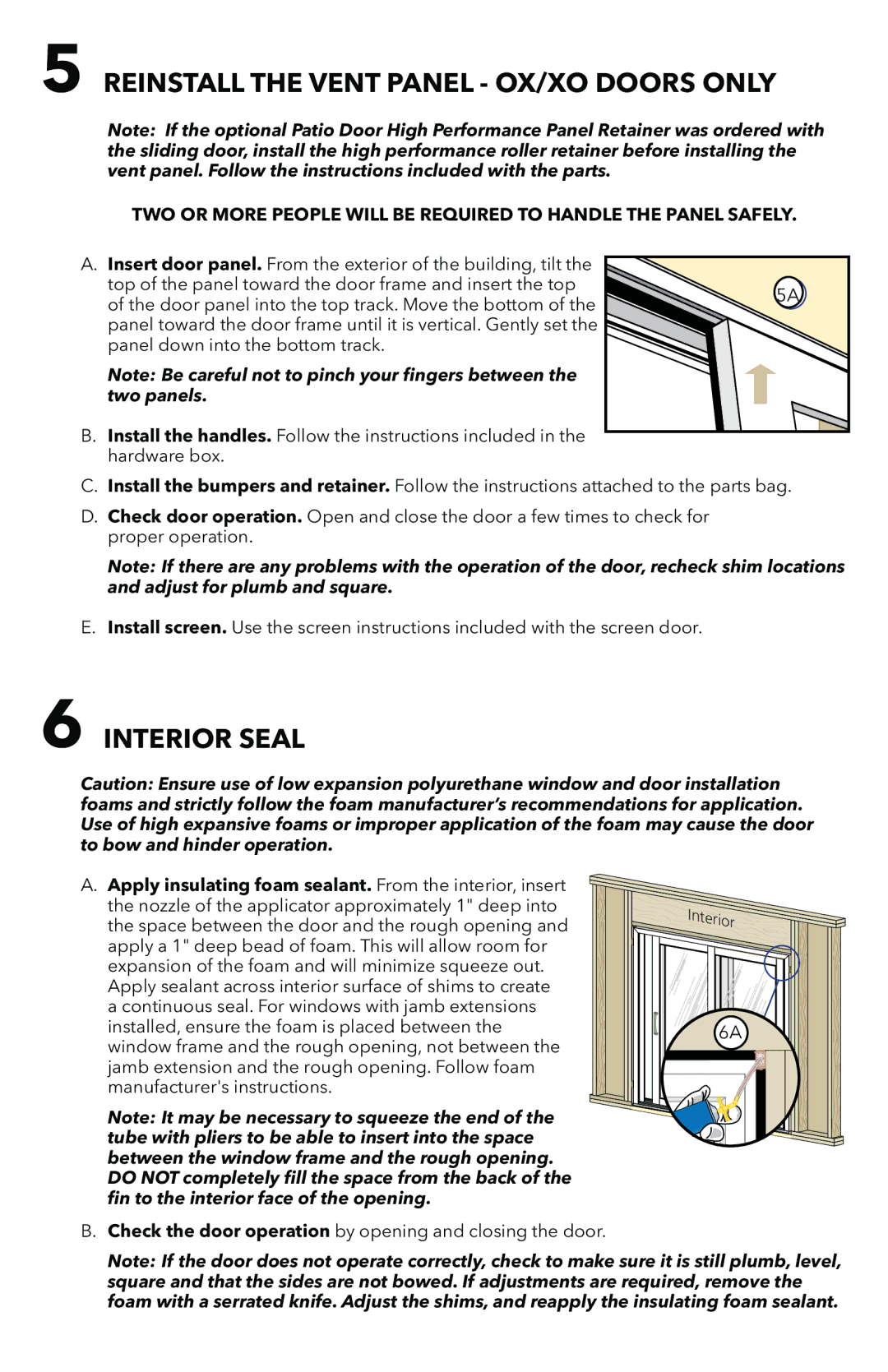 Pella 803V0102 installation instructions Reinstall the Vent Panel OX/XO Doors only, Interior Seal 