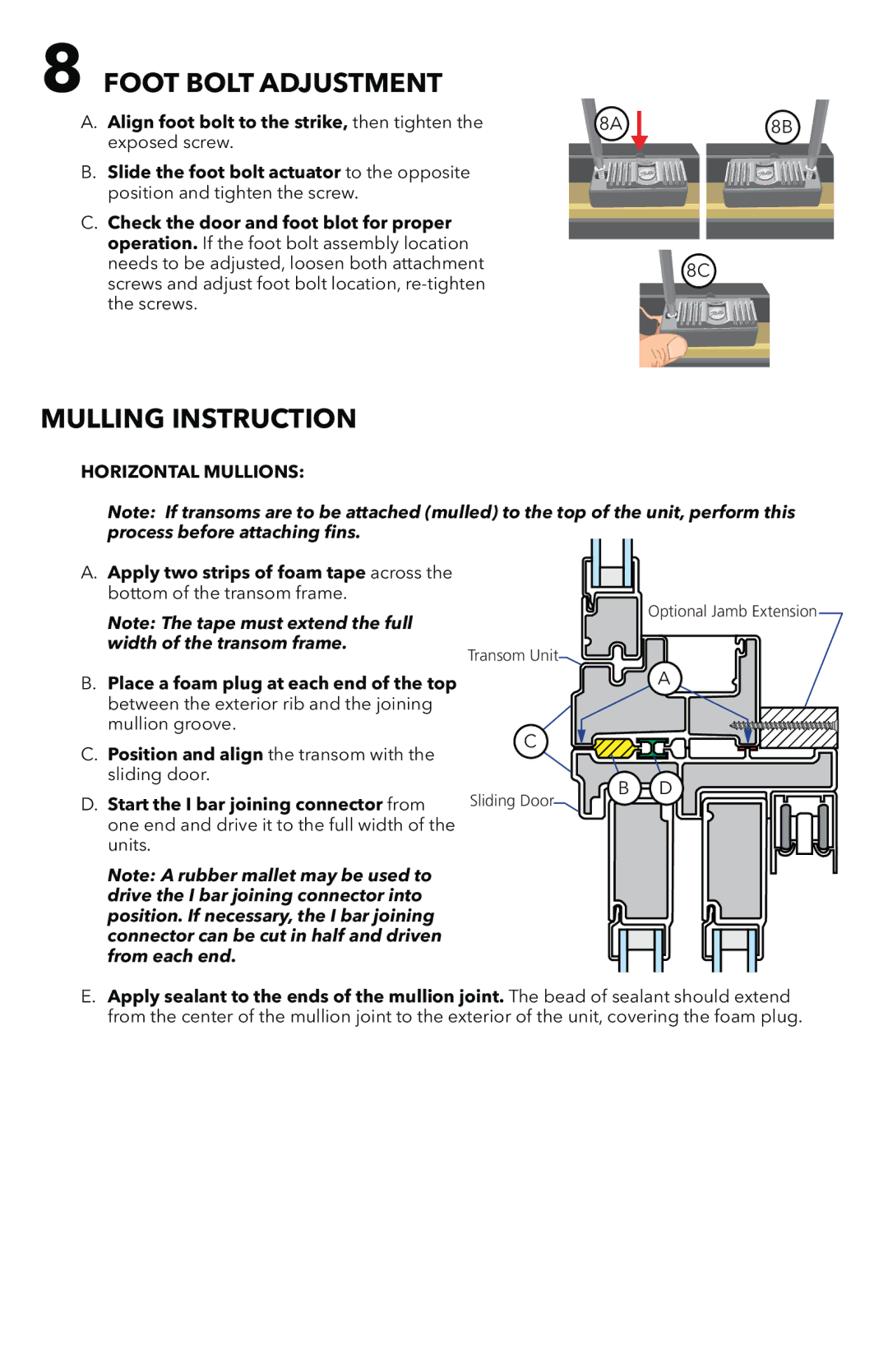 Pella 803V0102 Foot Bolt Adjustment, Mulling Instruction, Horizontal Mullions, Width of the transom frame 