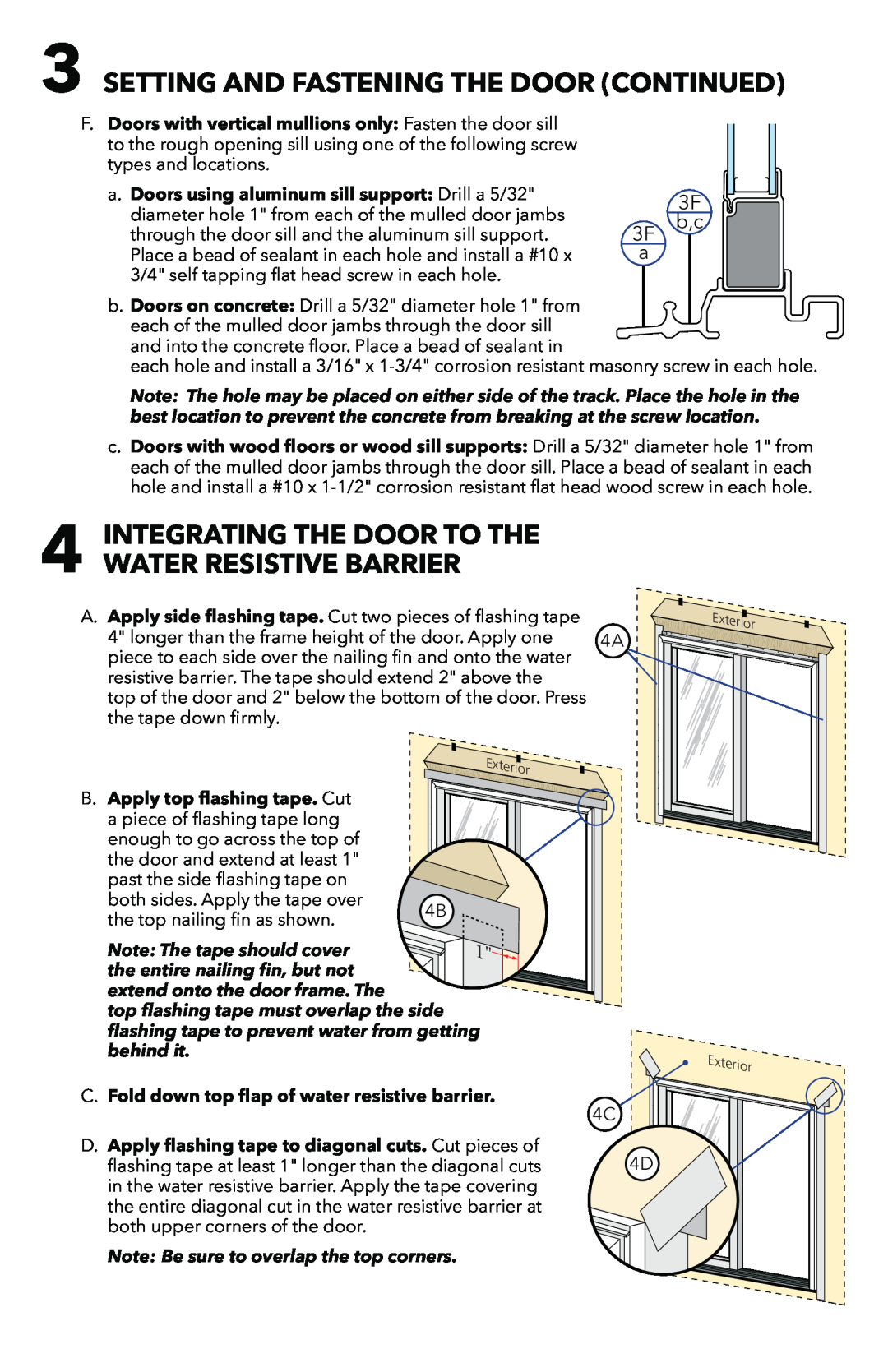 Pella 803V0102 installation instructions 3SETTING AND FASTENING THE DOOR CONTINUED, 3F a, 3F b,c 