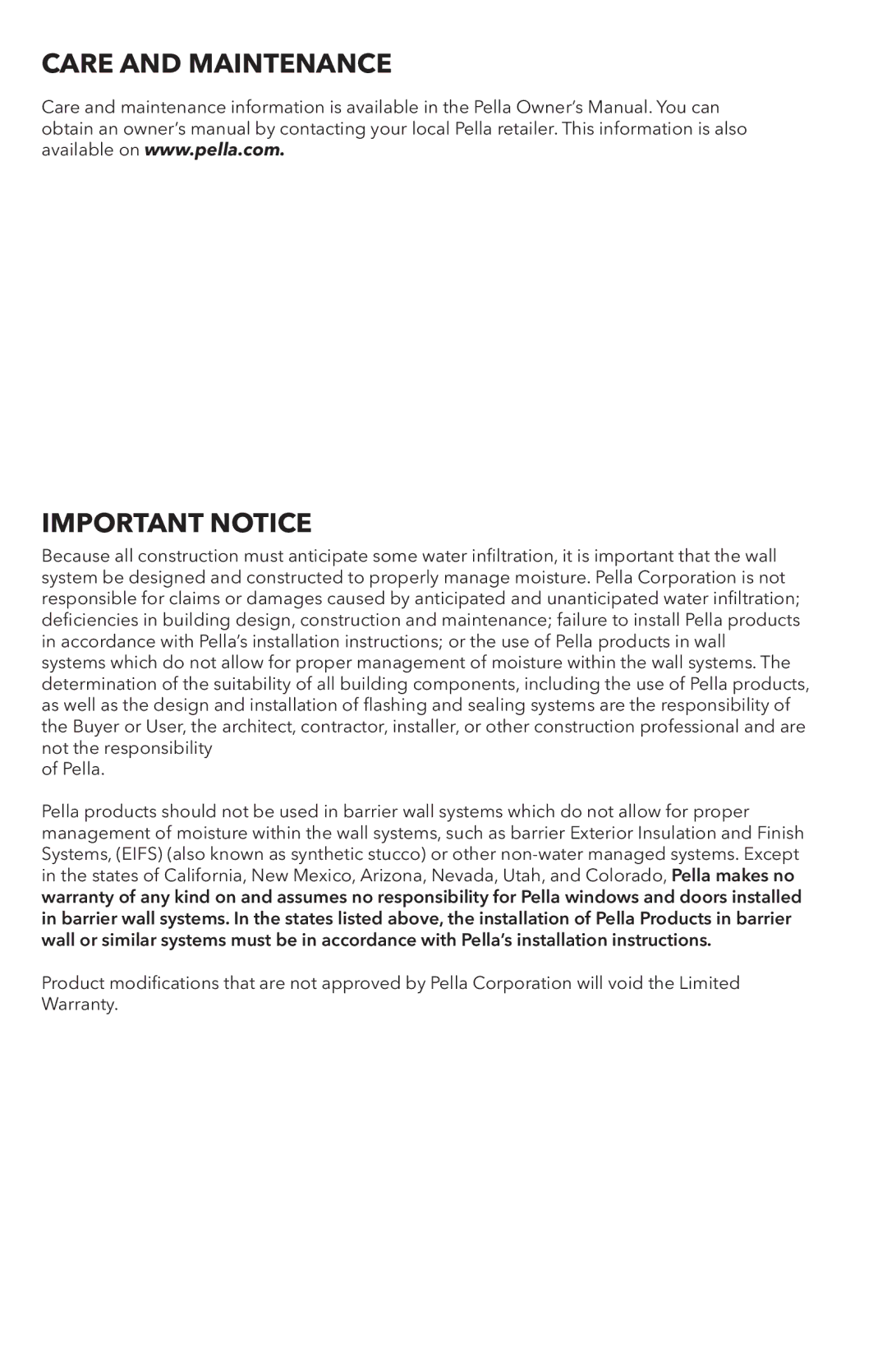 Pella 808F0105 warranty Care and Maintenance Important Notice 