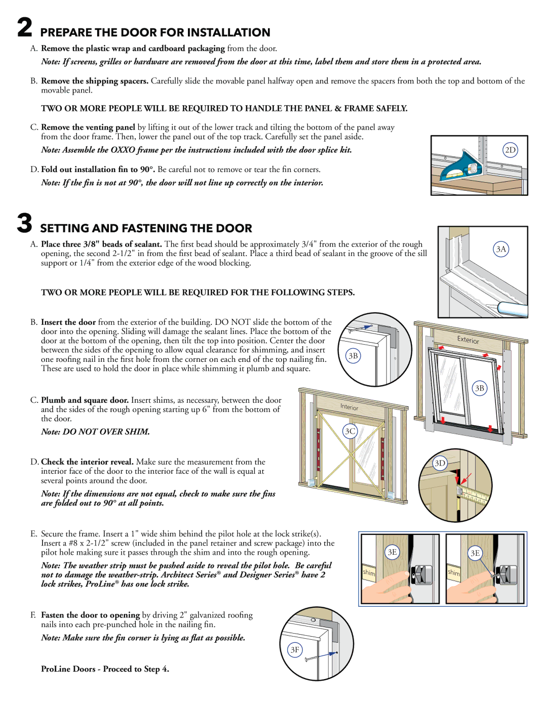 Pella 808SQ102 installation instructions Prepare the Door for Installation, Setting and Fastening the Door 