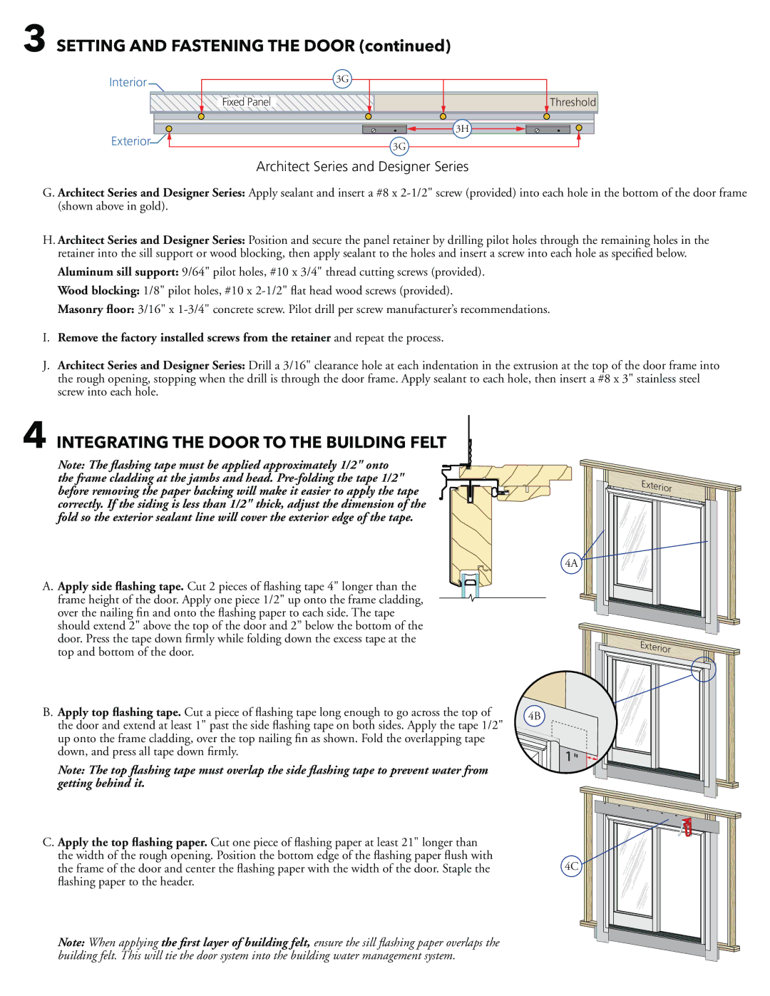 Pella 808SQ102 installation instructions Setting and Fastening the Door, Integrating the Door to the Building Felt 