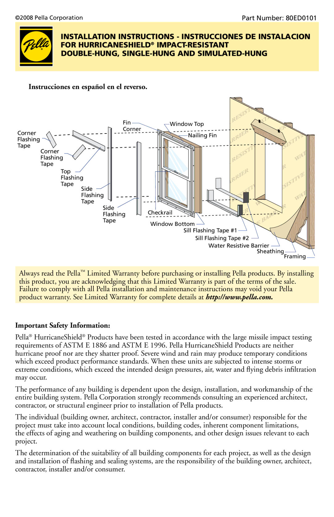 Pella 80ED0101 installation instructions Instrucciones en español en el reverso, Important Safety Information 