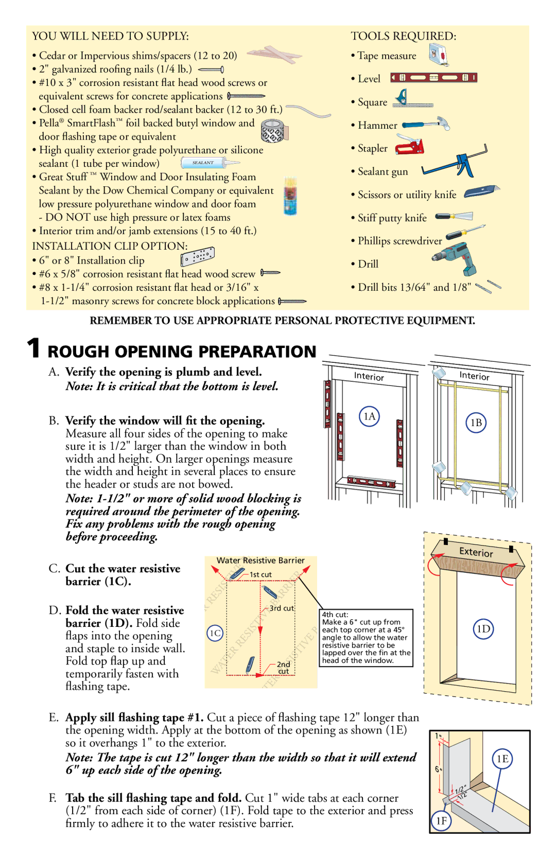 Pella 80ED0101 Rough Opening Preparation, Verify the opening is plumb and level, Verify the window will ﬁt the opening 