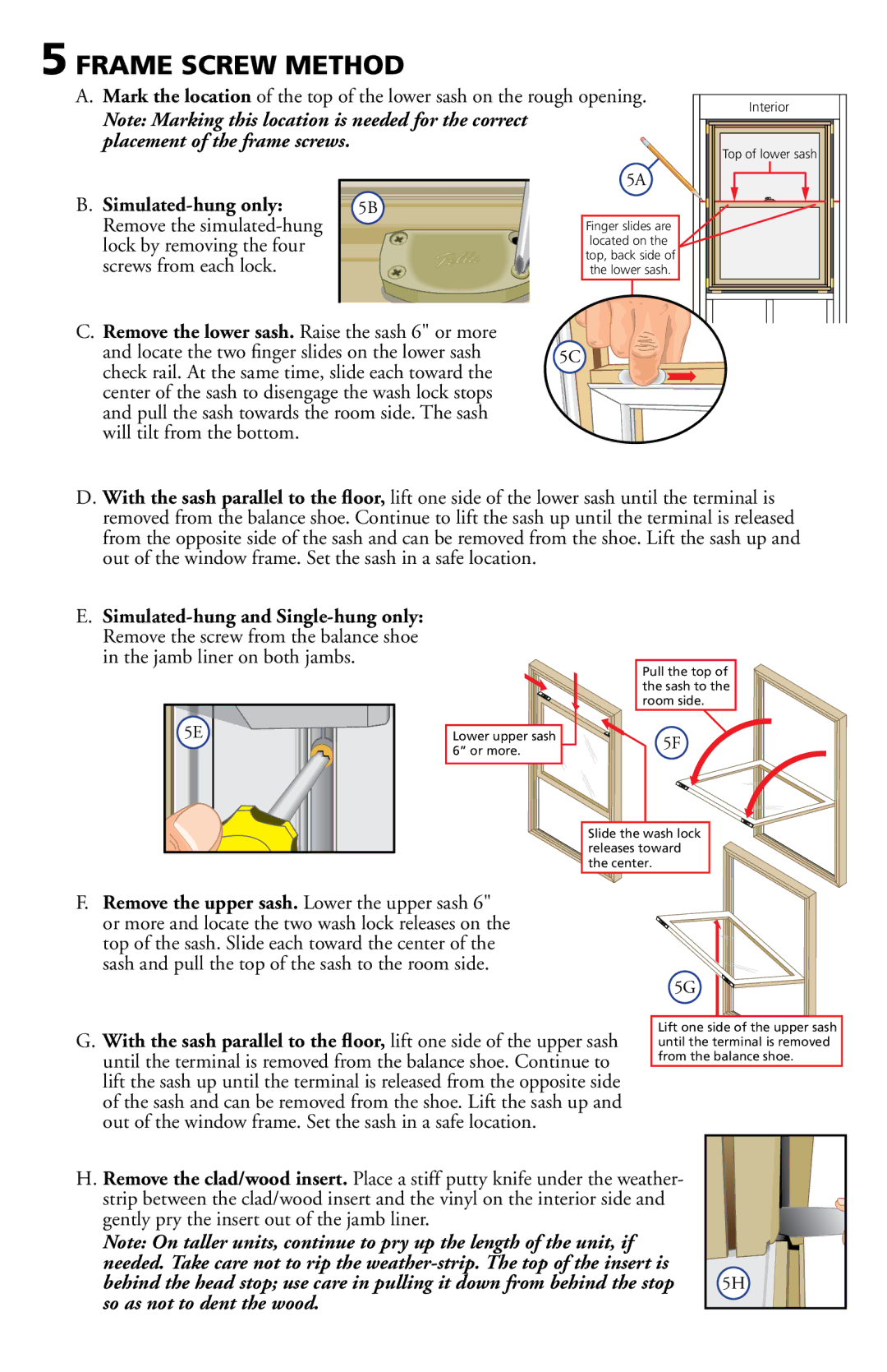 Pella 80ED0101 installation instructions Frame Screw Method, Placement of the frame screws, Simulated-hung only 