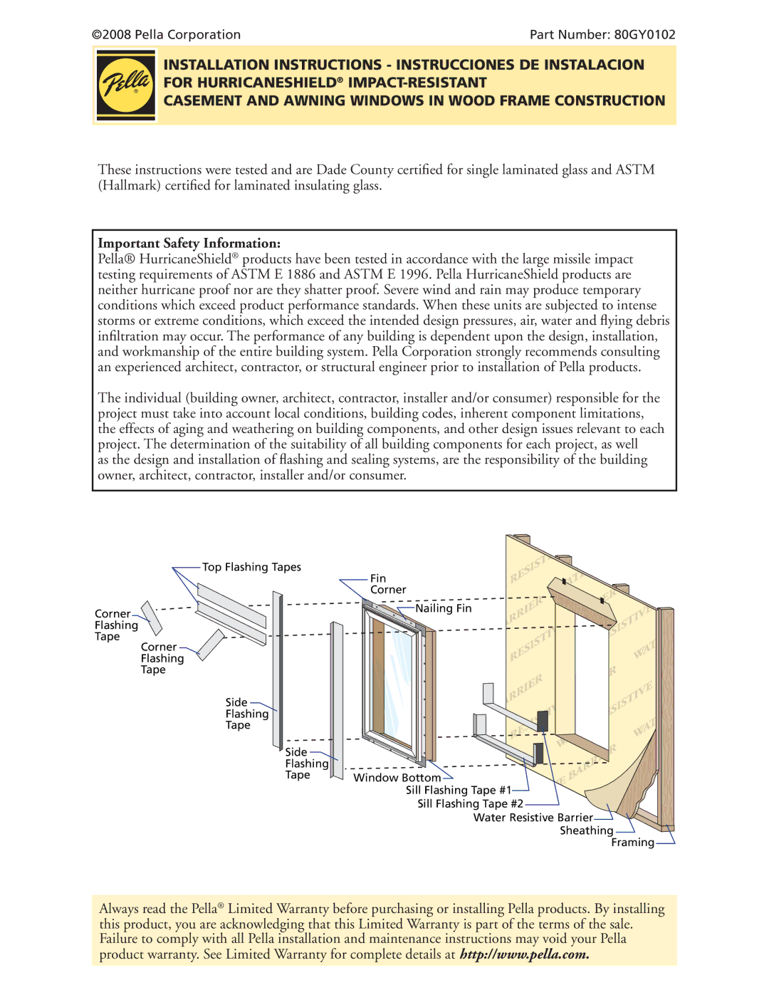 Pella 80GY0102 warranty Important Safety Information 