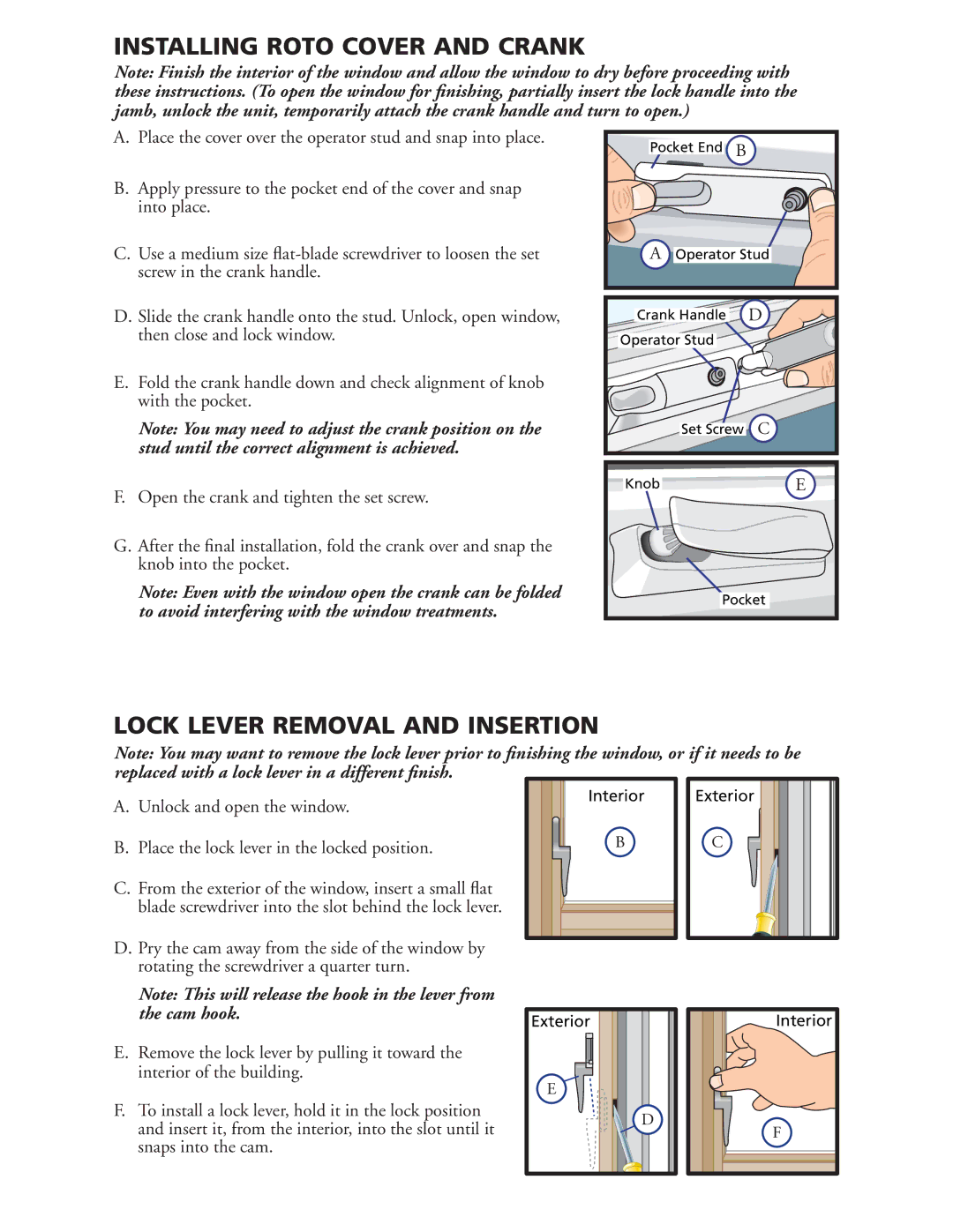 Pella 80GY0102 warranty Installing Roto Cover and Crank, Lock Lever Removal and Insertion, Cam hook 