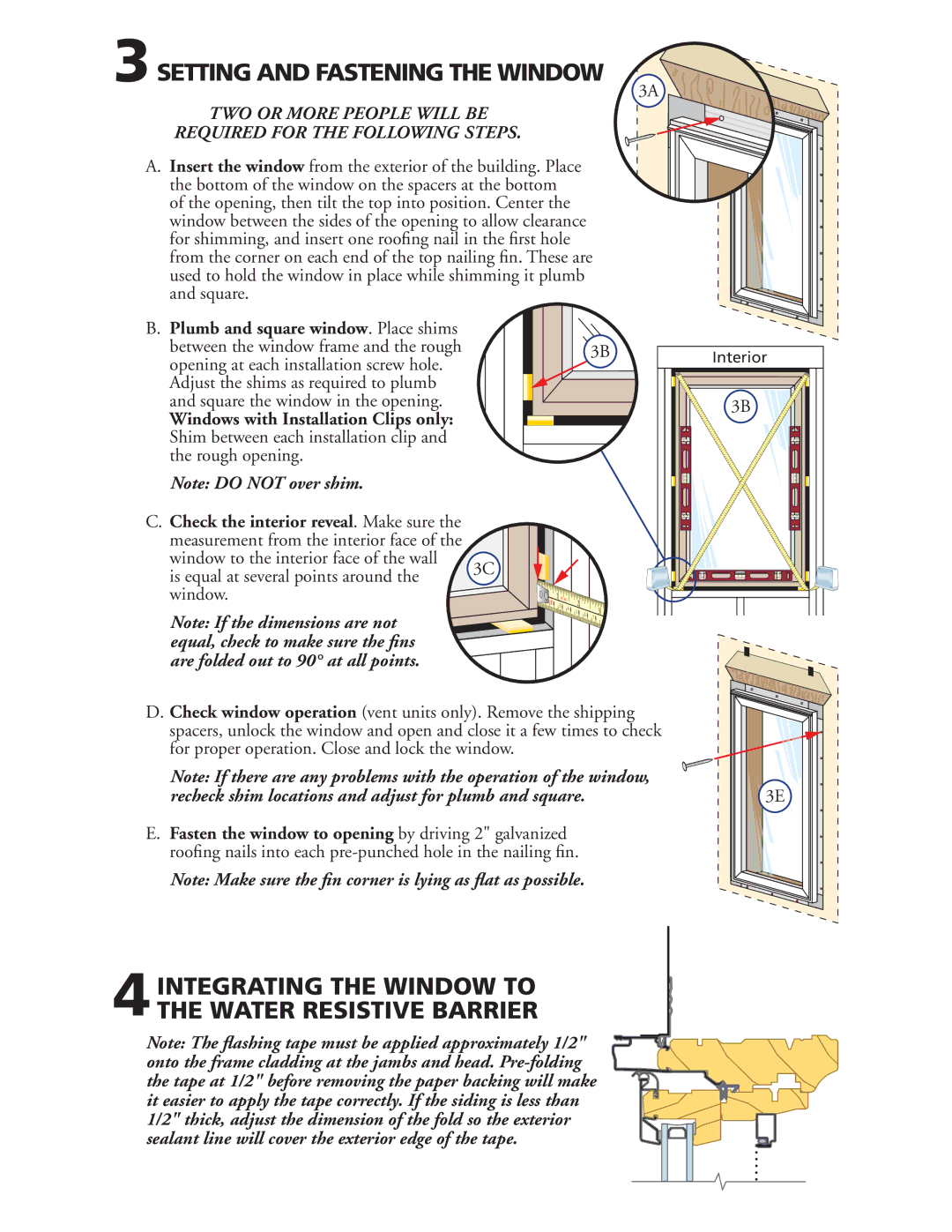 Pella 80GY0102 warranty 3SETTING and Fastening the Window, Recheck shim locations and adjust for plumb and square 