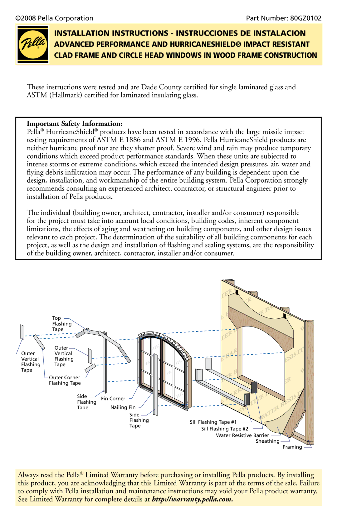 Pella 80GZ0102 installation instructions Important Safety Information 