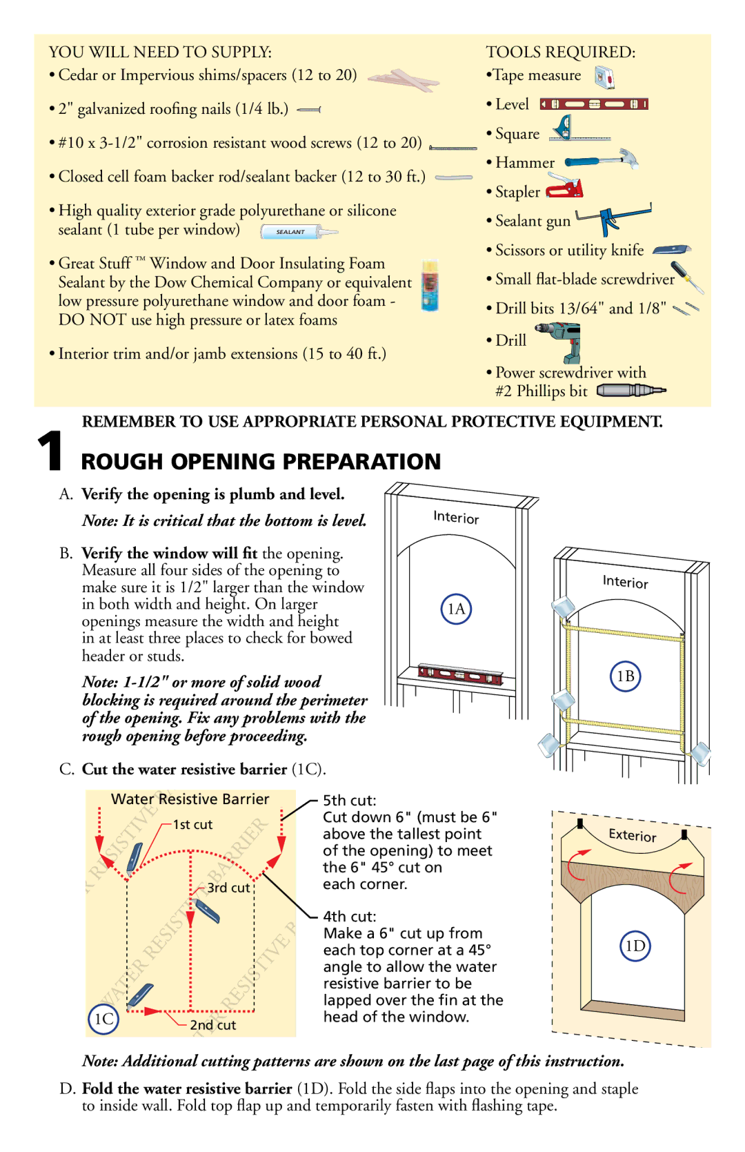 Pella 80GZ0102 installation instructions Rough Opening Preparation, Cut the water resistive barrier 1C 