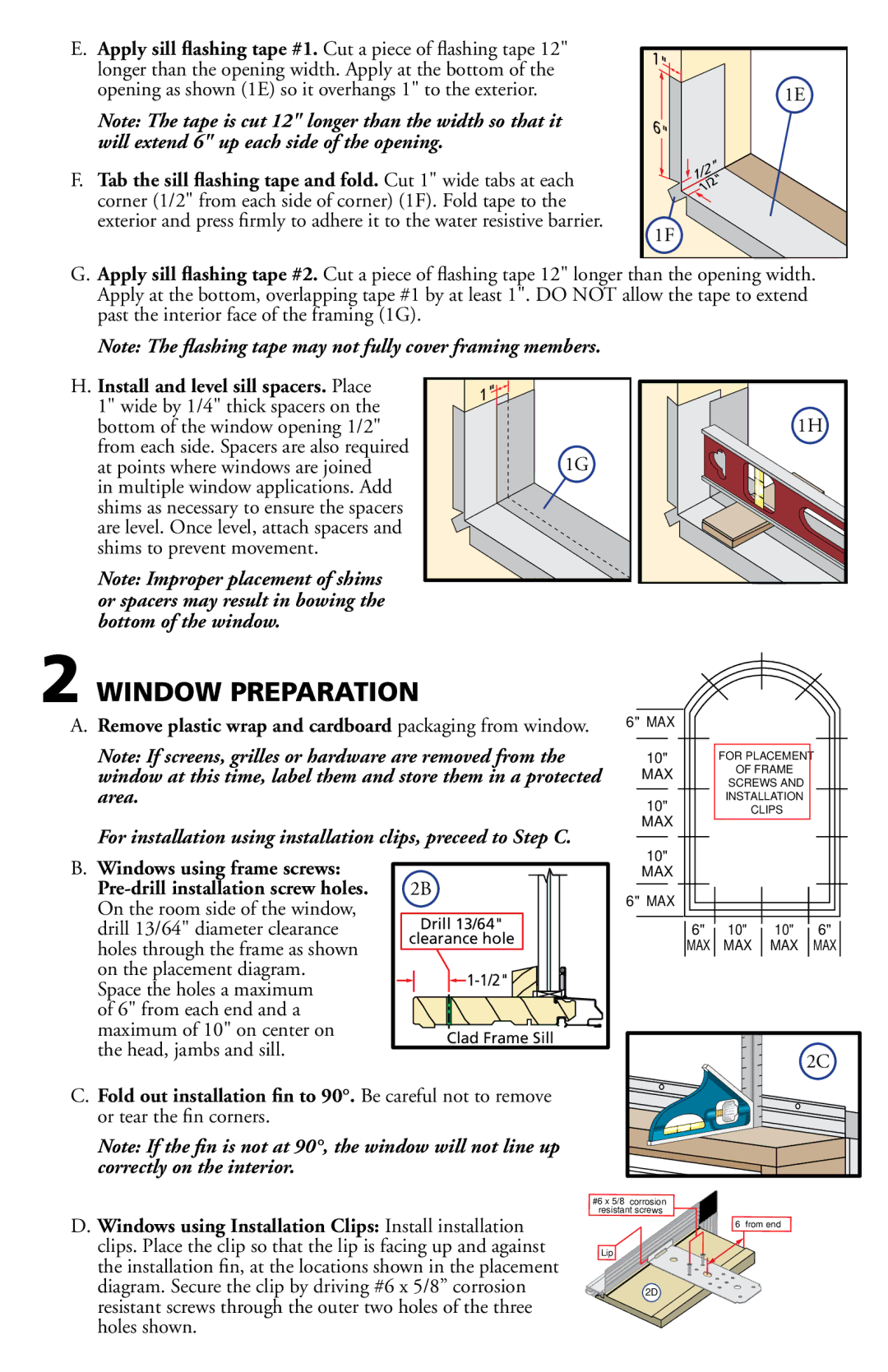 Pella 80GZ0102 installation instructions Window Preparation, Install and level sill spacers. Place 