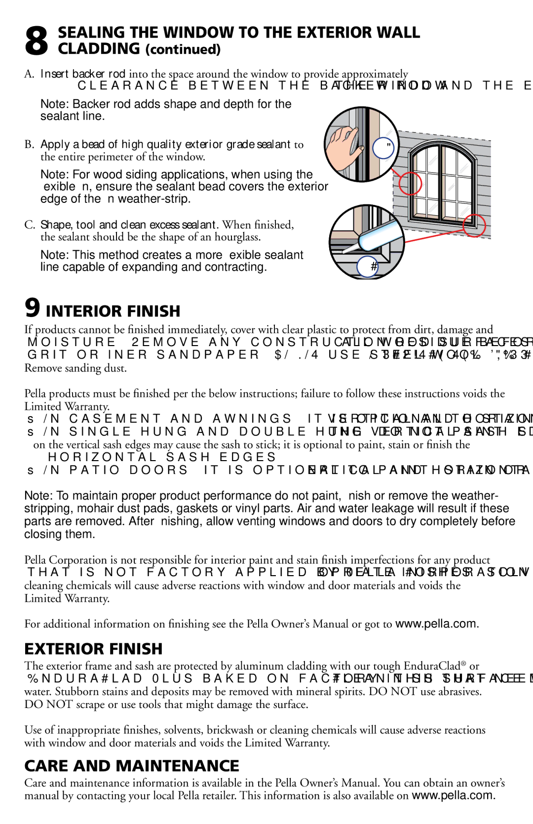 Pella 80GZ0102 installation instructions Interior Finish, Exterior Finish, Care and Maintenance 