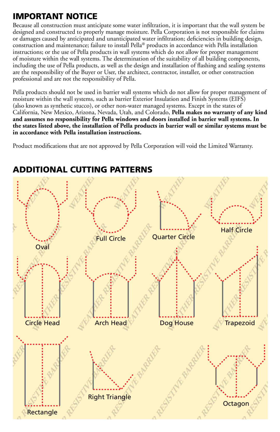 Pella 80GZ0102 installation instructions Important Notice, Additional Cutting Patterns 