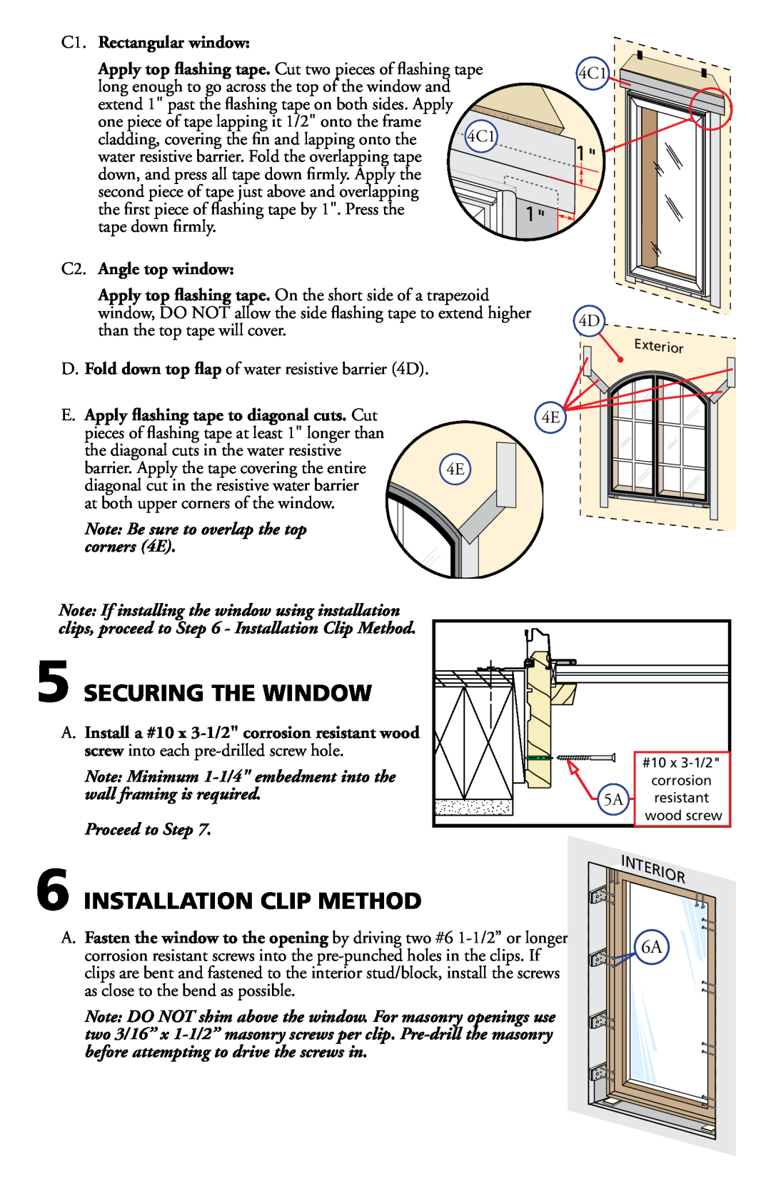 Pella 80GZ0102 Securing The Window, C1. Rectangular window, Apply top ﬂashing tape. Cut two pieces of ﬂashing tape 
