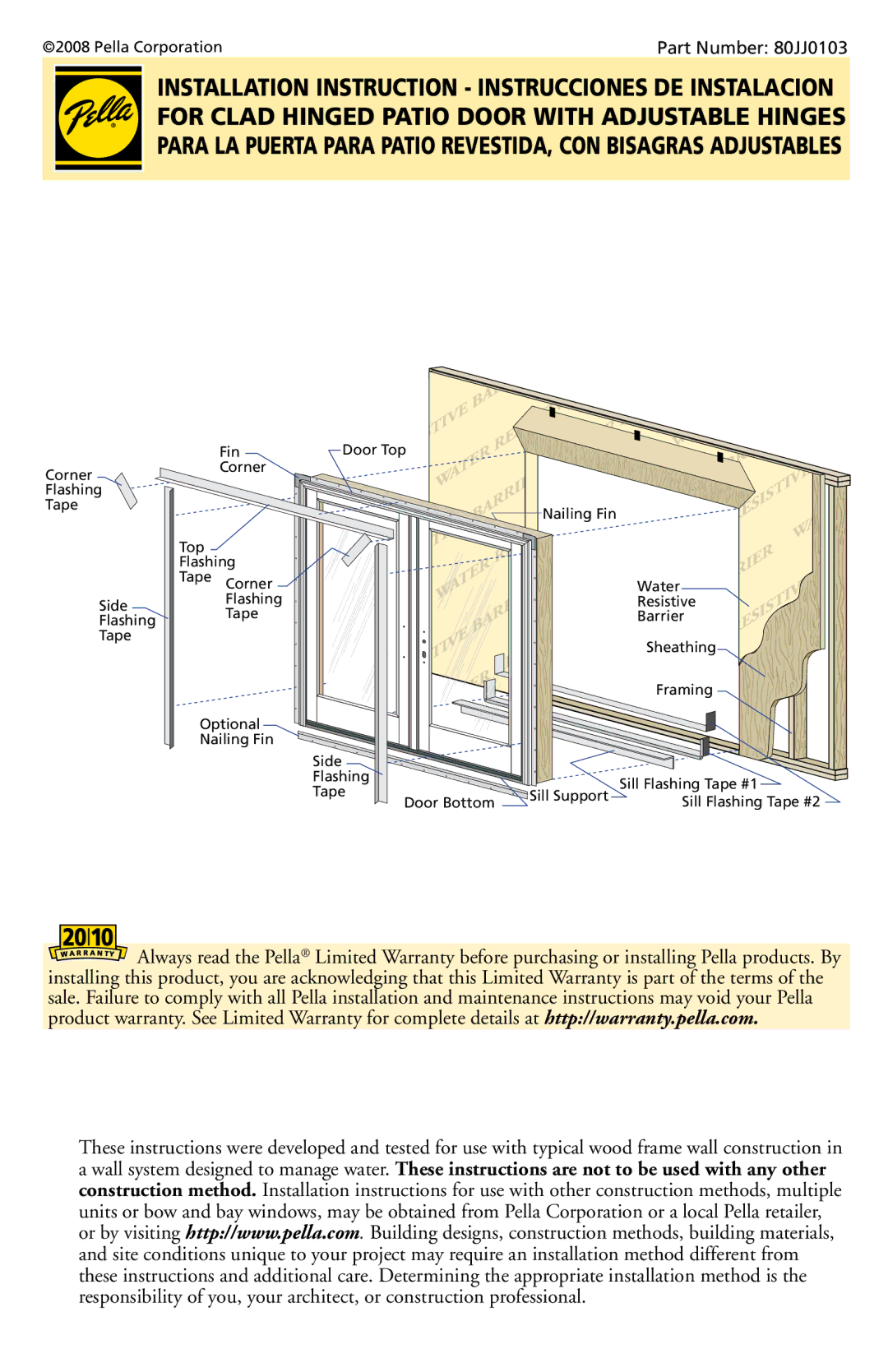 Pella installation instructions Part Number 80JJ0103 