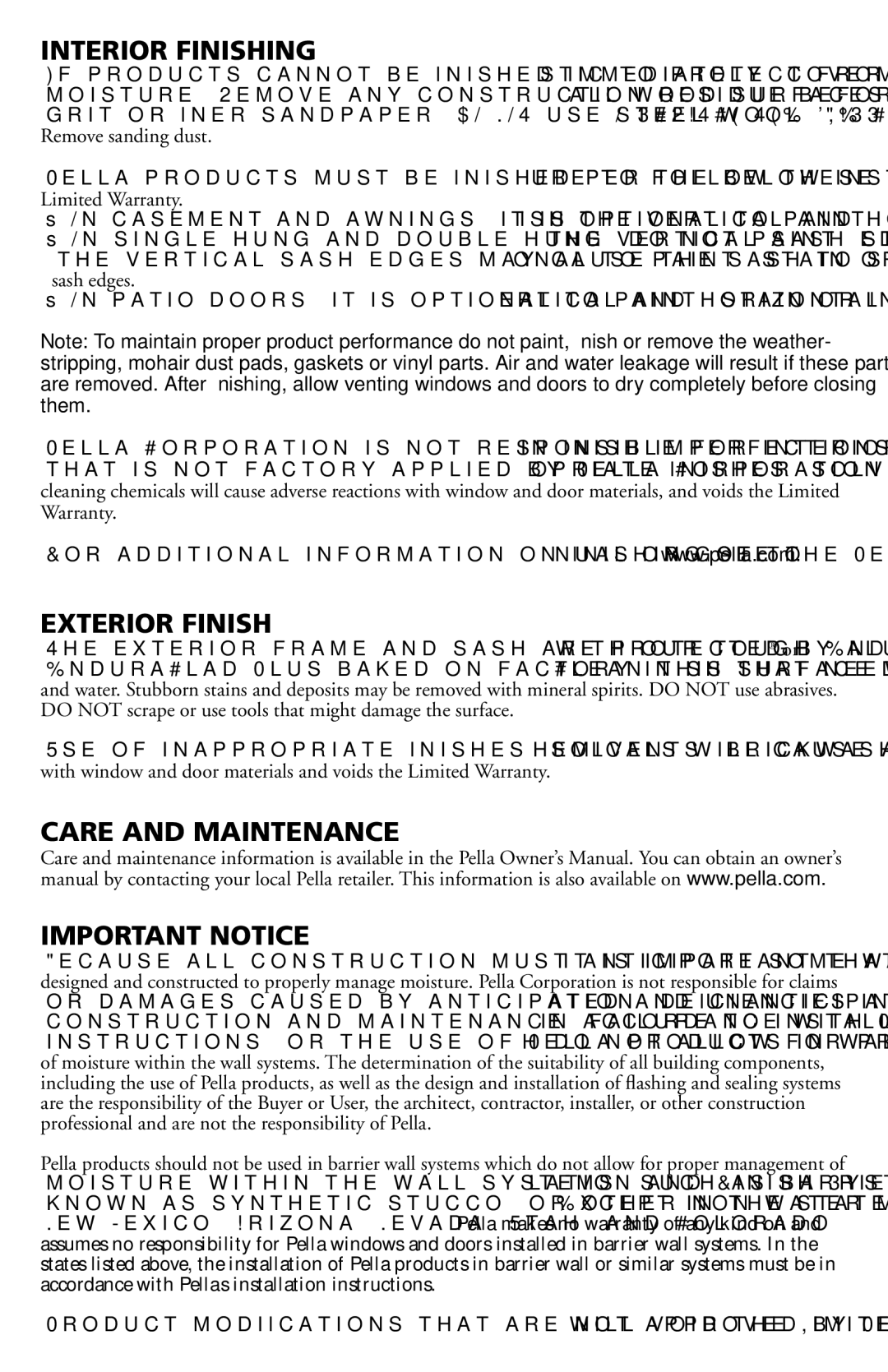 Pella 80JJ0103 installation instructions Interior Finishing, Exterior Finish, Care and Maintenance Important Notice 