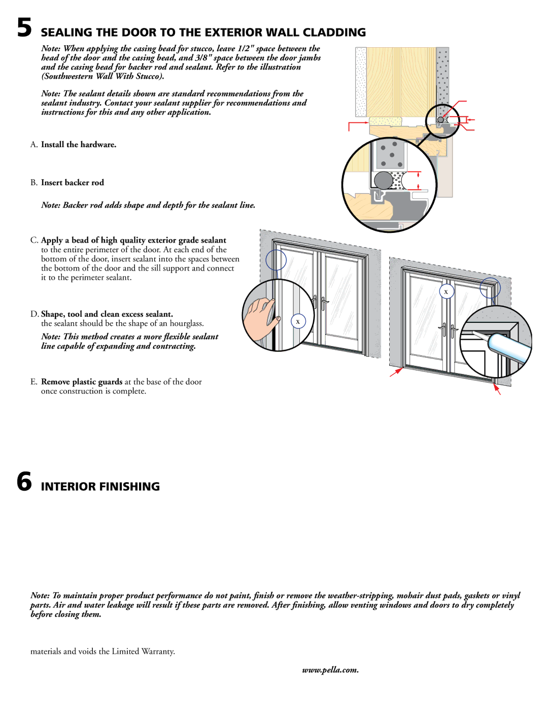 Pella 80KM0103 installation instructions Sealing the Door to the Exterior Wall Cladding, Interior Finishing 