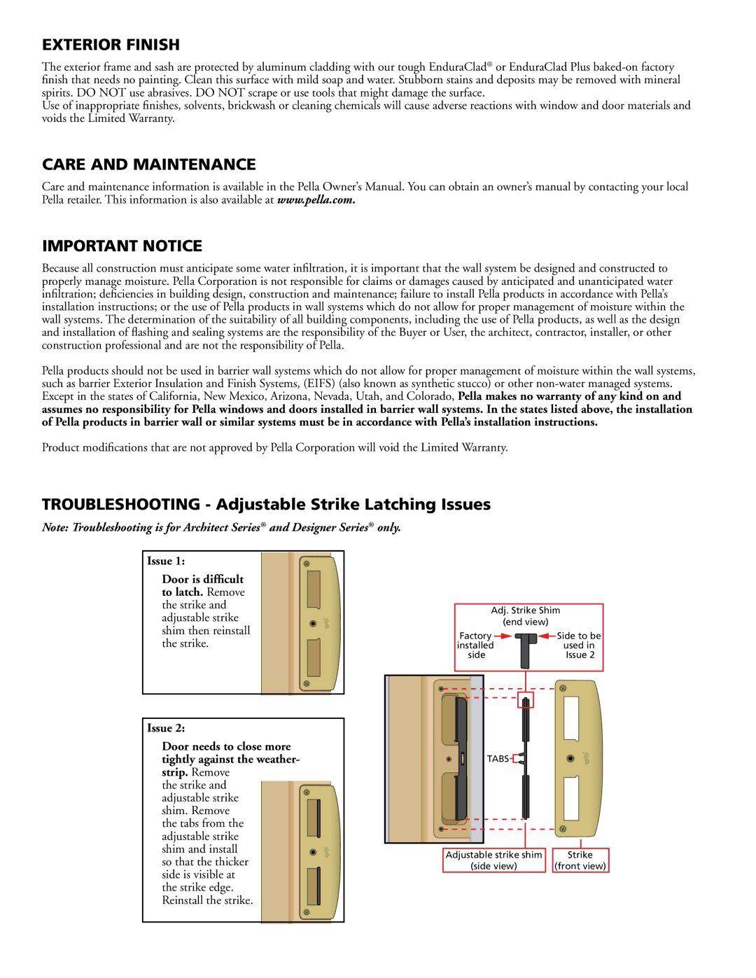 Pella 80KM0103 installation instructions Exterior Finish, Care and Maintenance, Important Notice 