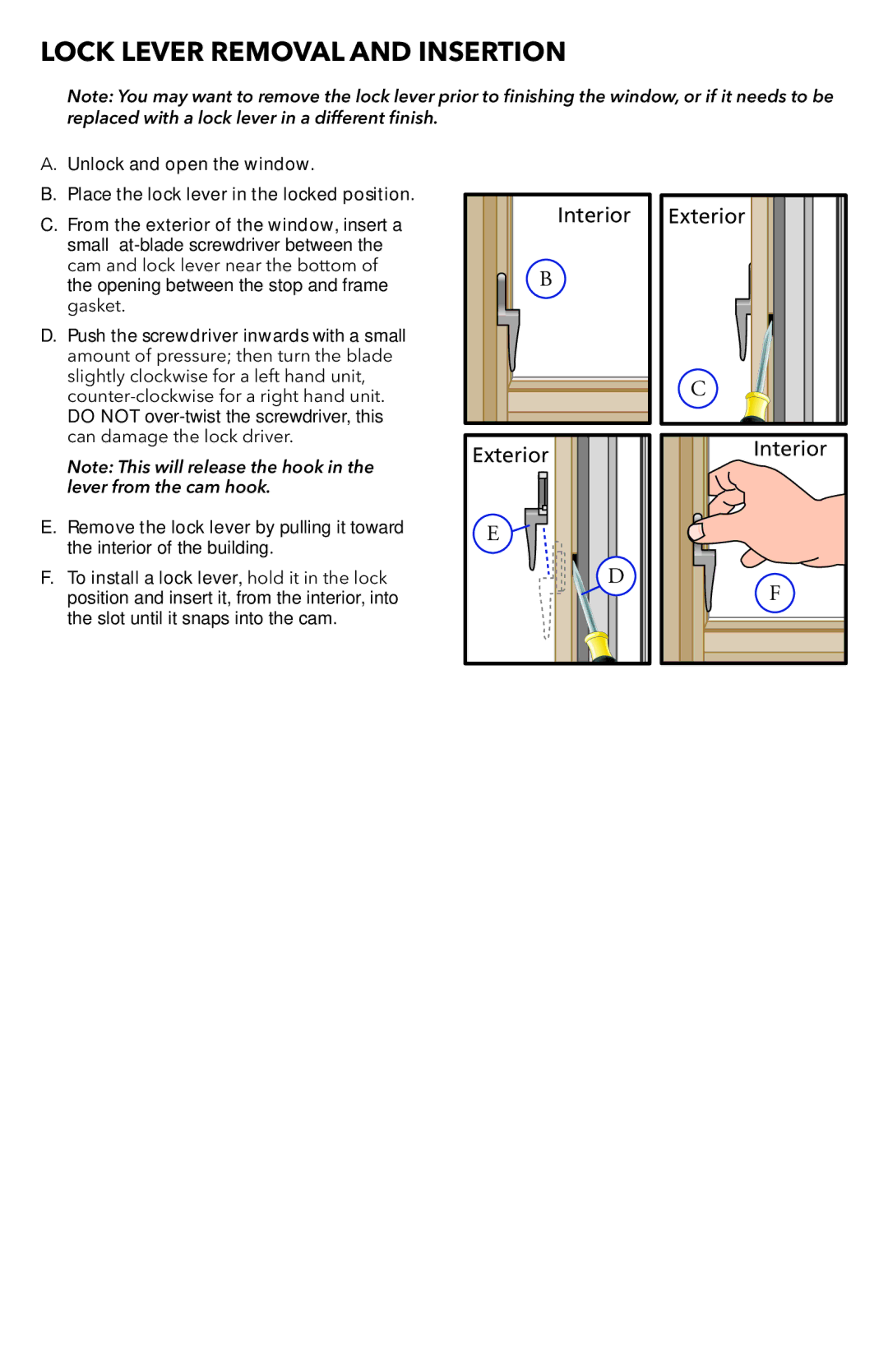 Pella 80WW0101 warranty Lock Lever Removal and Insertion 