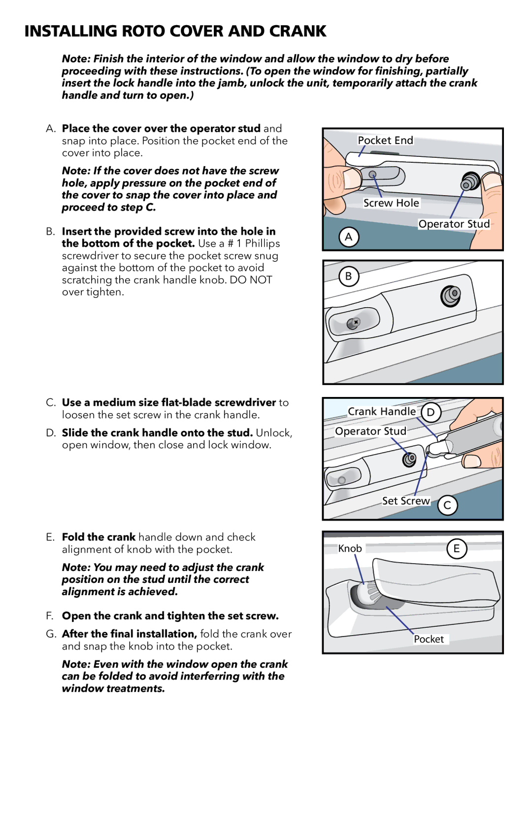 Pella 80WX0101 warranty Installing Roto Cover and Crank 