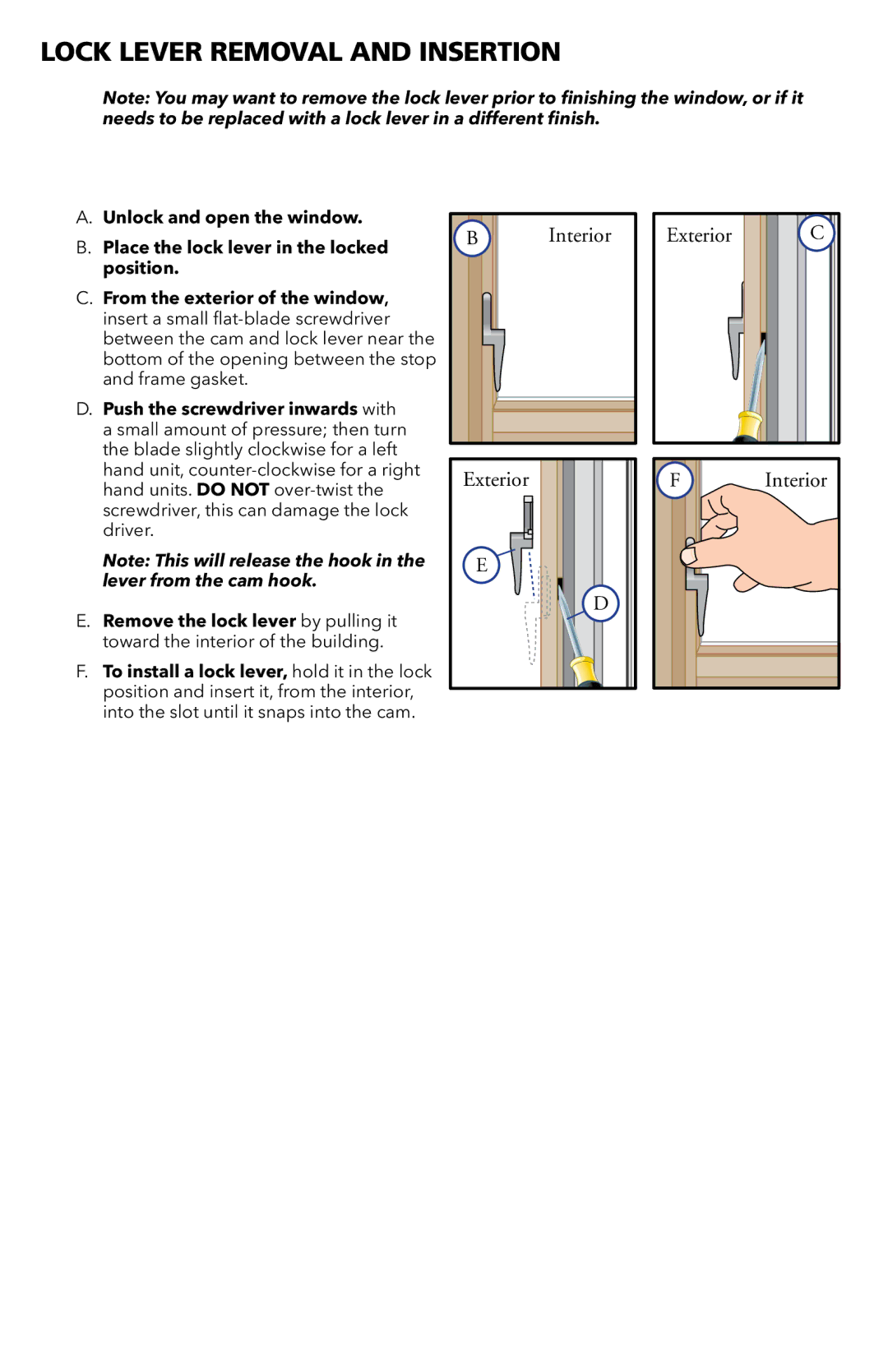 Pella 80WX0101 warranty Lock Lever Removal and Insertion 