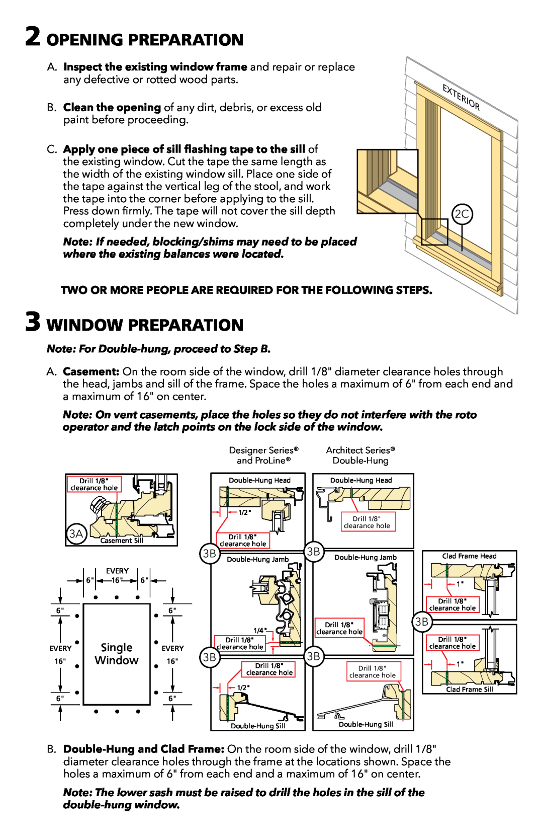 Pella 80WX0101 warranty Opening Preparation, Window Preparation, Note For Double-hung, proceed to Step B 