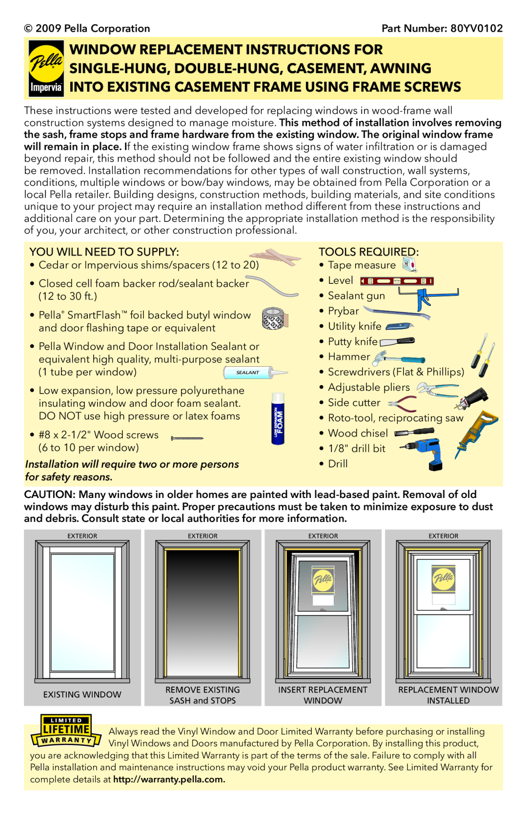 Pella 80YV0102 warranty Window Replacement Instructions for 